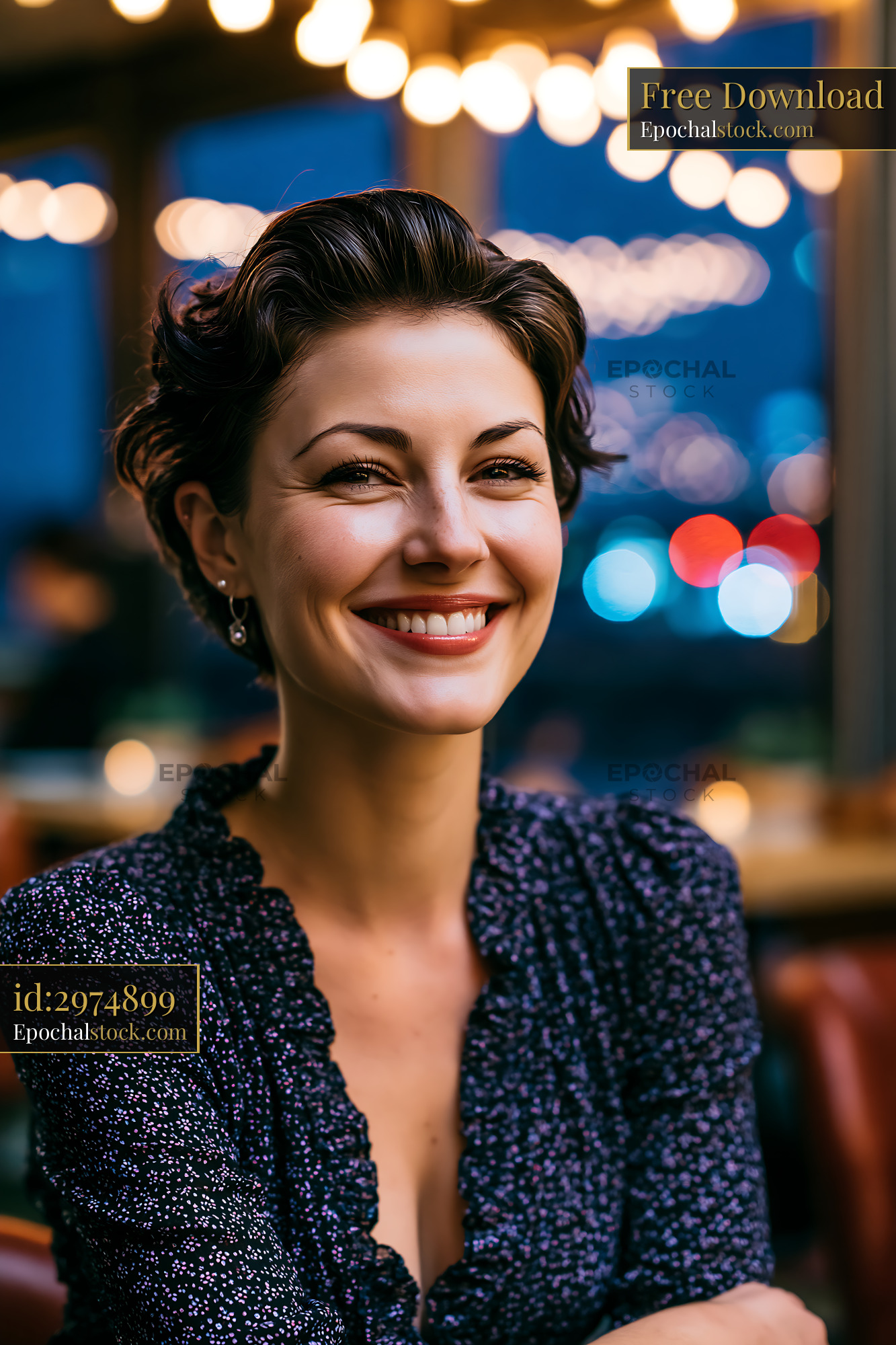 Happy Woman Smiling in a Dimly Lit Cafe With Warm Lights - stock photo