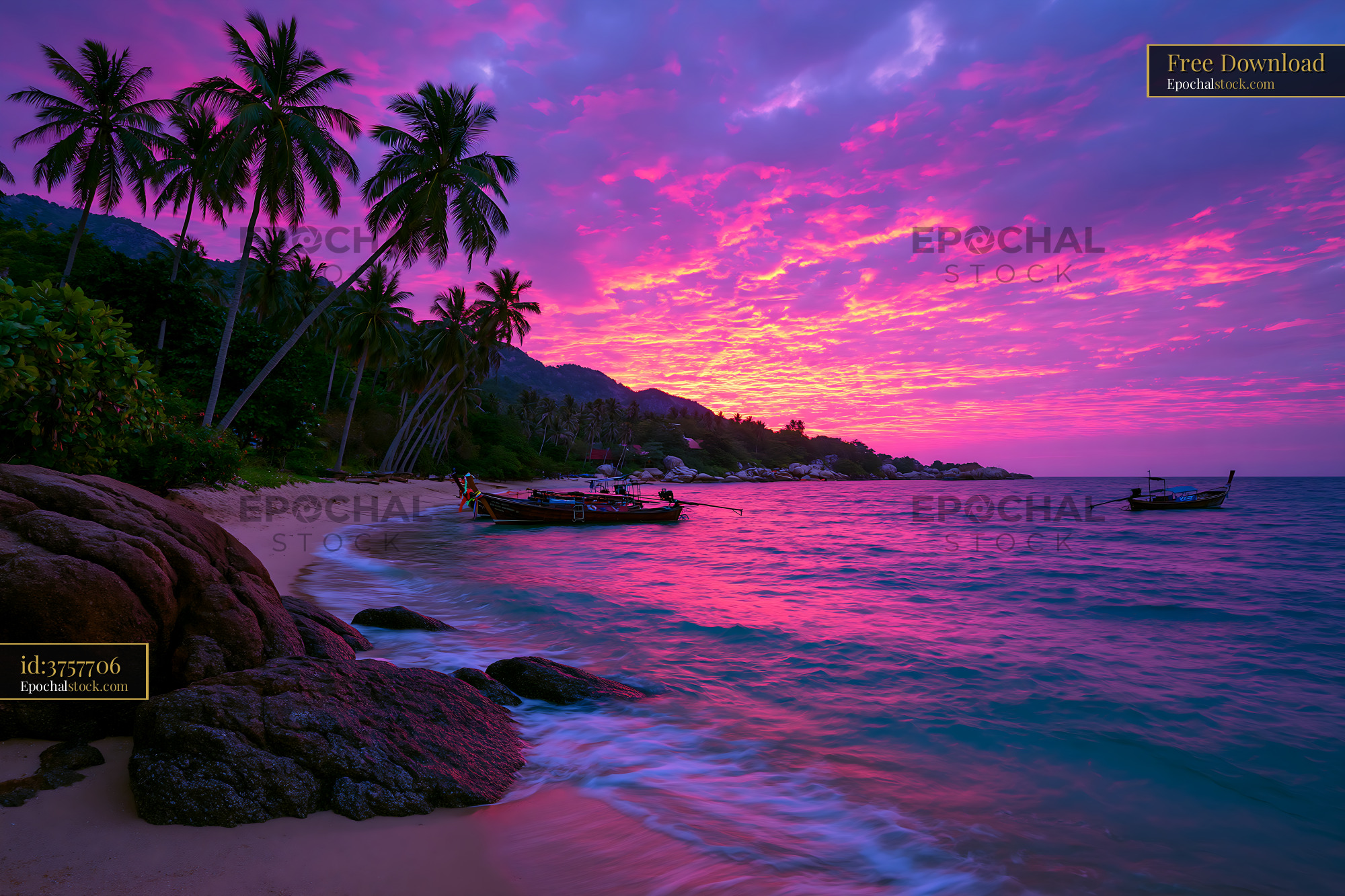 Watermarked full-resolution preview of Sunset at a beach with palm trees and boats on the water