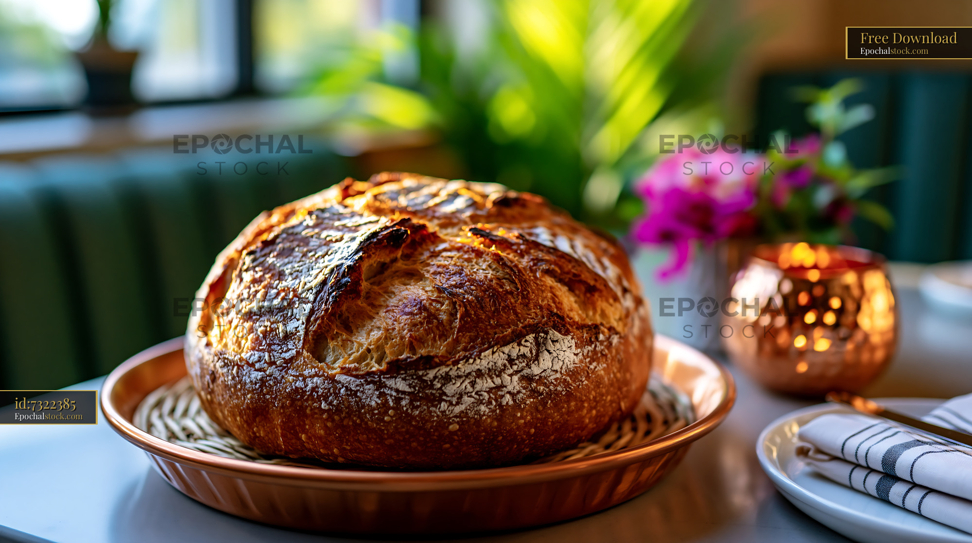Watermarked full-resolution preview of Freshly baked round bread on a plate in a dining setting