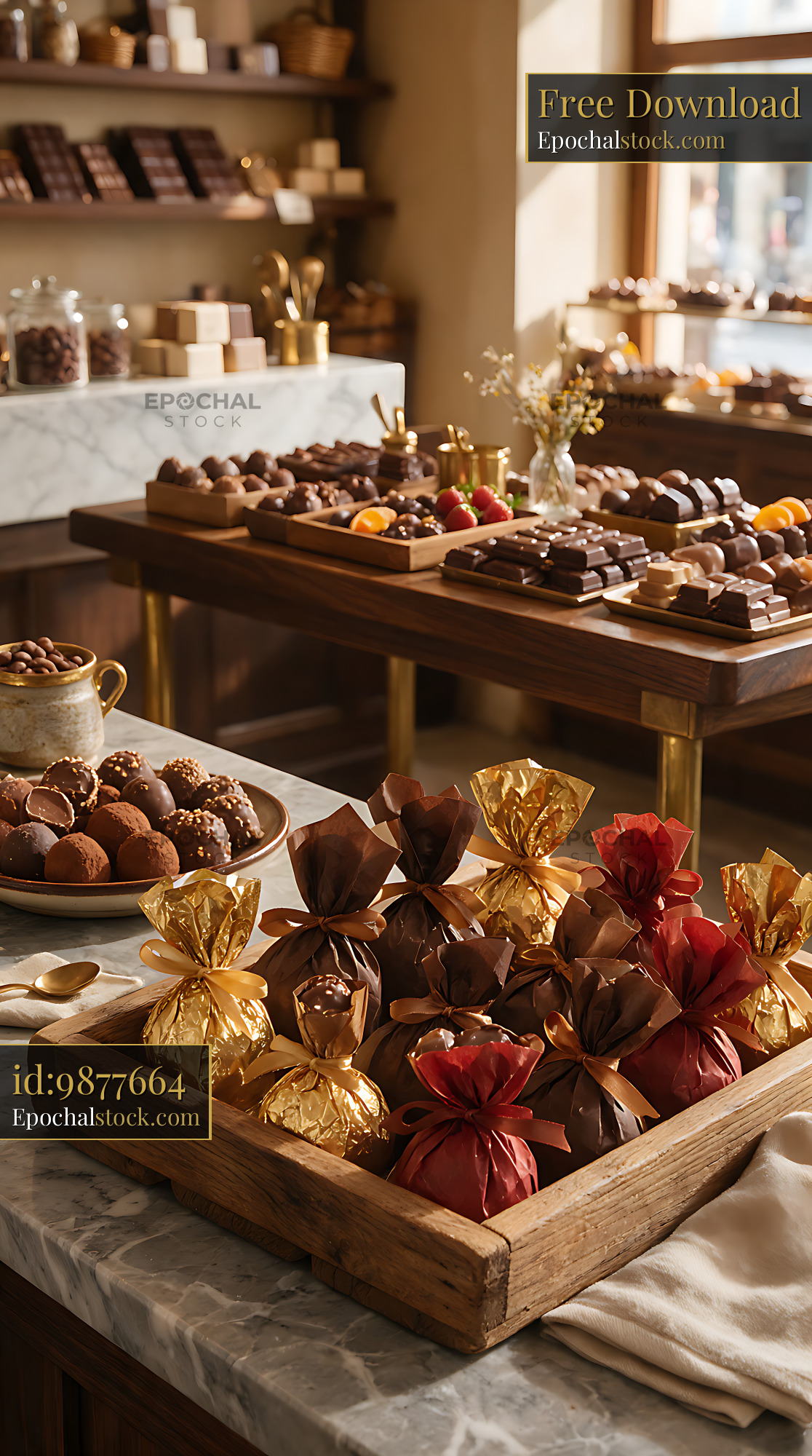 Watermarked full-resolution preview of Assorted chocolates and wrapped gifts in a chocolate shop