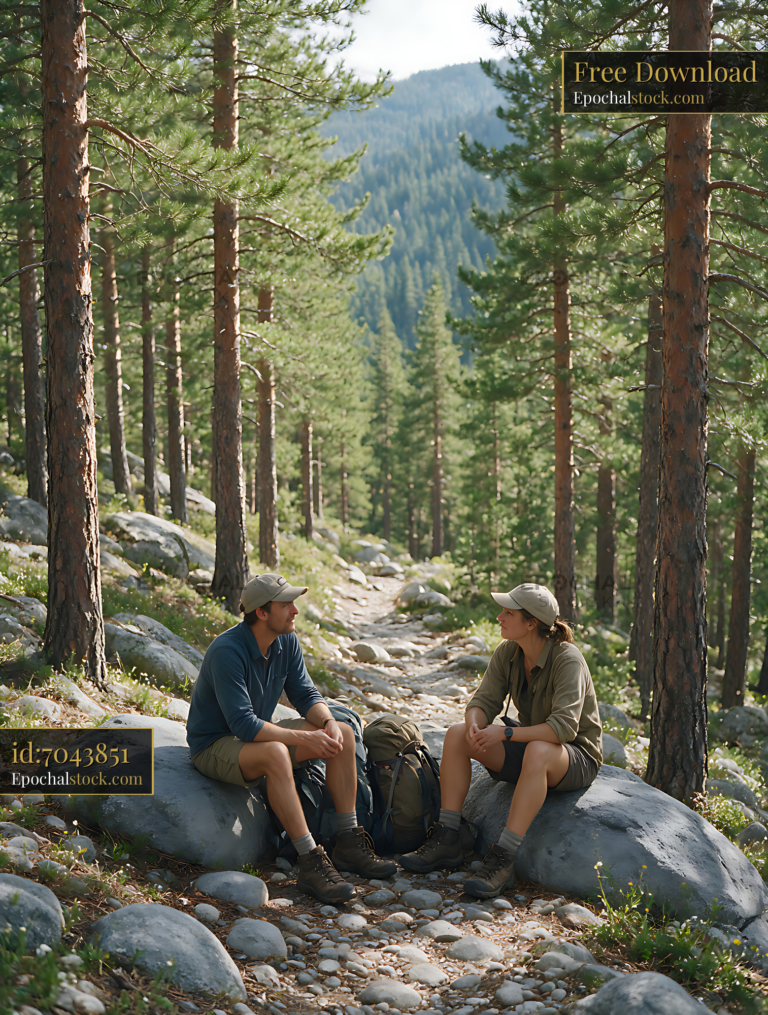 Watermarked full-resolution preview of Two hikers taking a break on a forest mountain trail