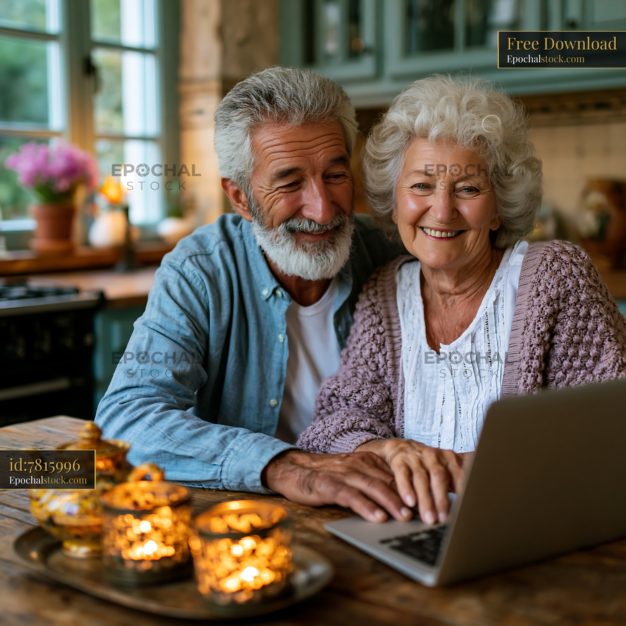 Watermarked full-resolution preview of Elderly couple using laptop in cozy kitchen setting