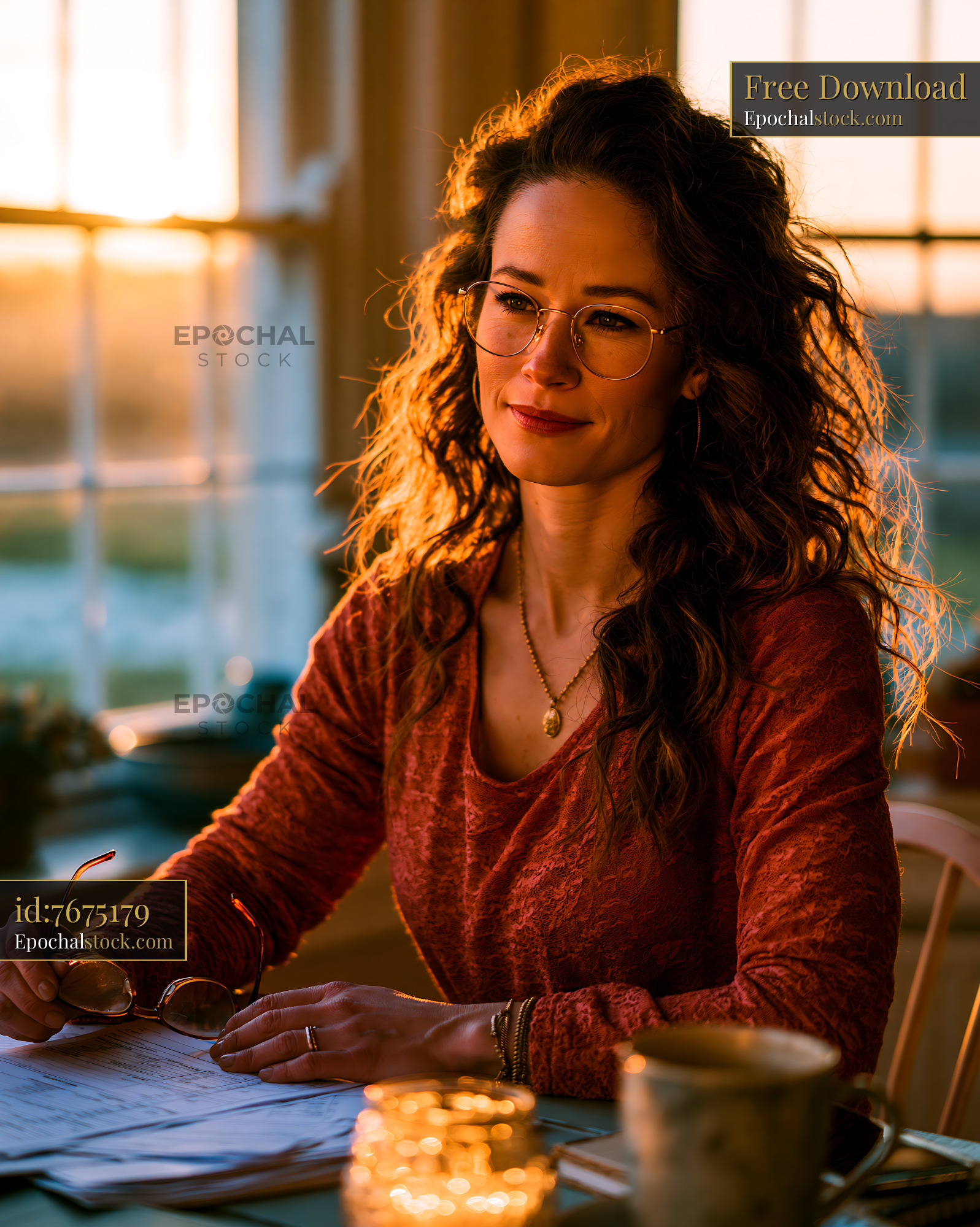 Watermarked full-resolution preview of Woman working at a table during sunset with warm light