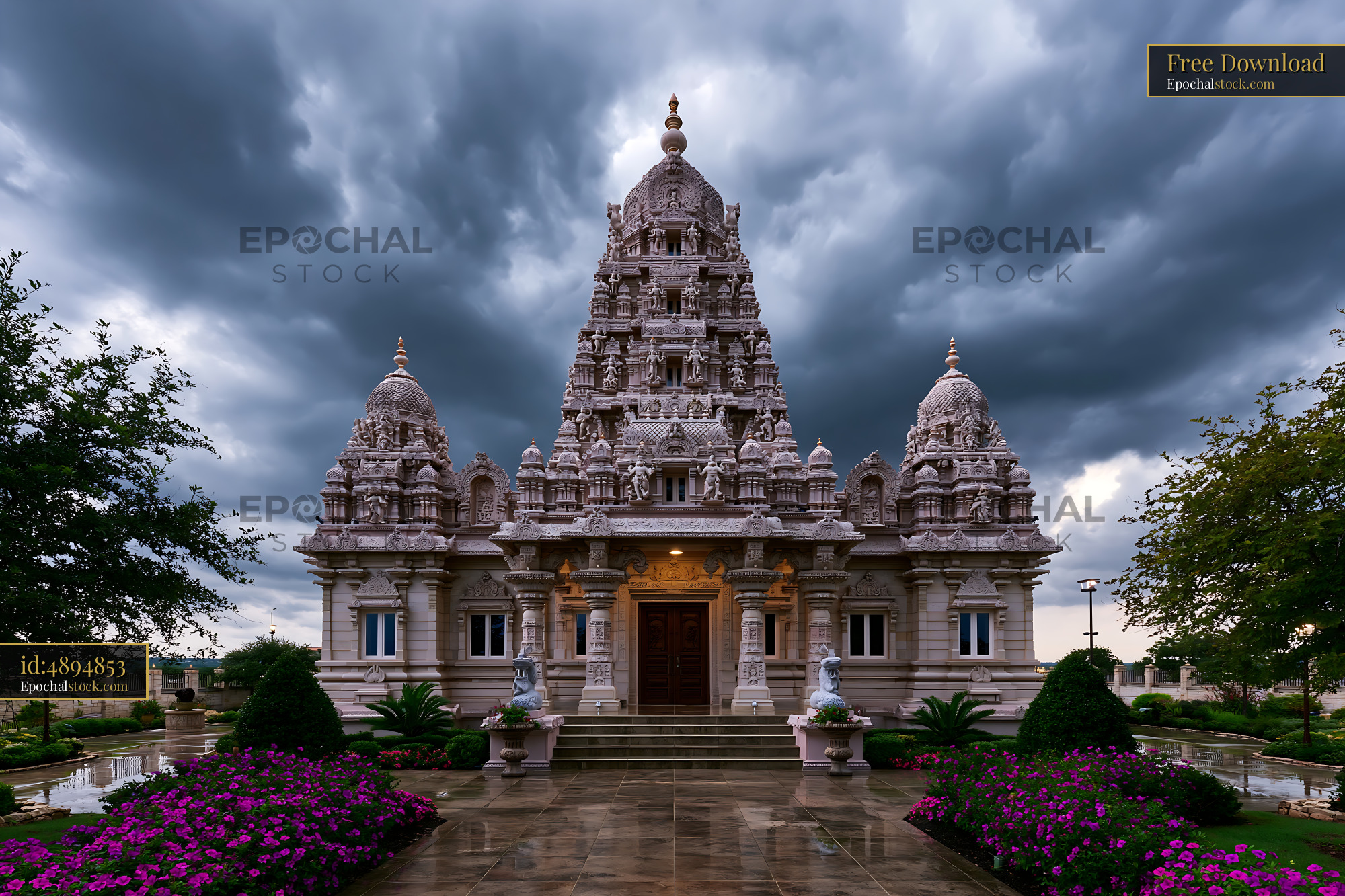 Watermarked full-resolution preview of Temple in a city under a stormy sky with flowers in the foreground