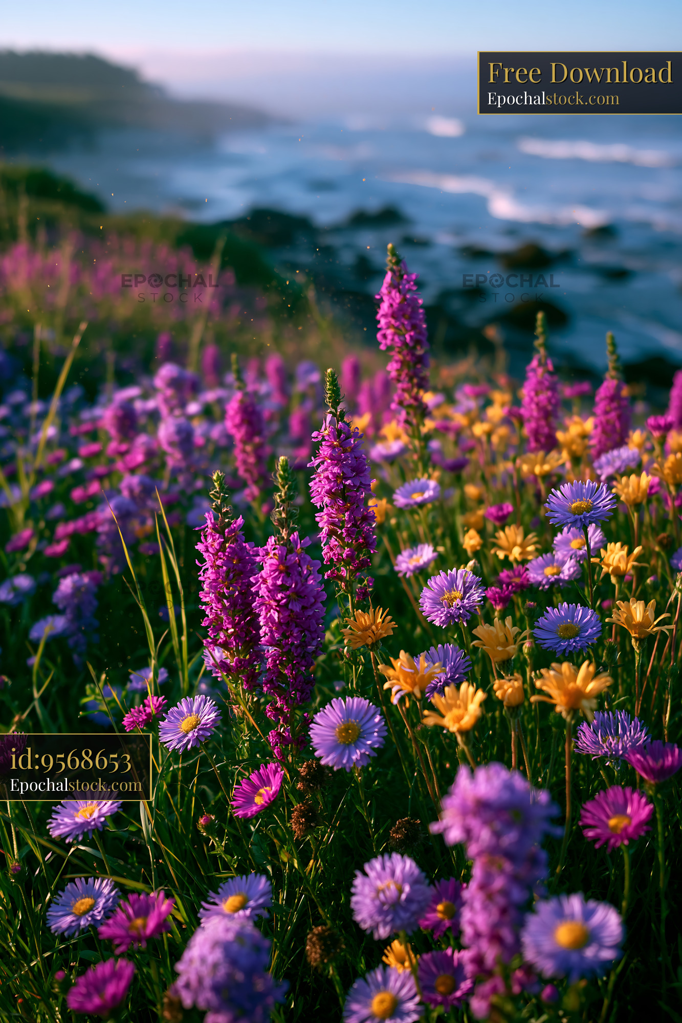 Watermarked full-resolution preview of Vibrant wildflowers by the ocean at sunset