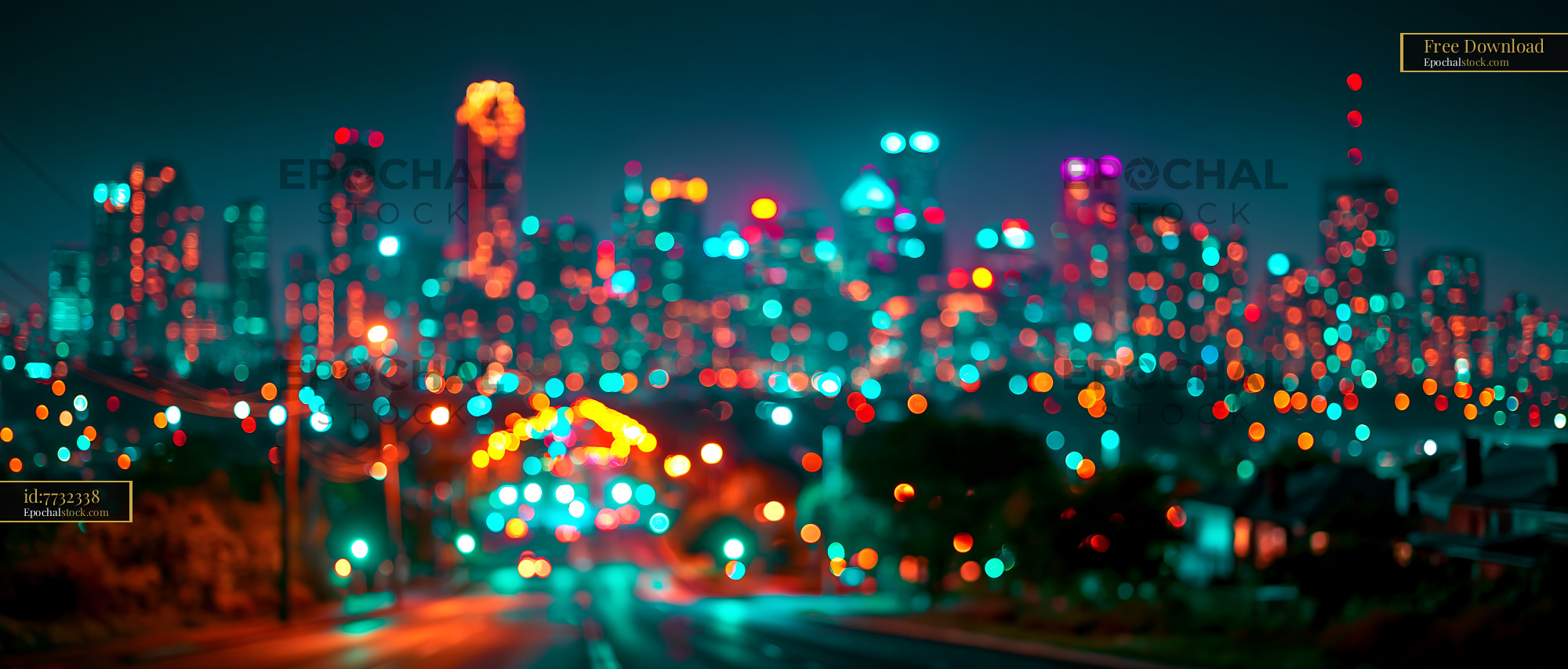 Watermarked full-resolution preview of City skyline at night with bright colorful lights