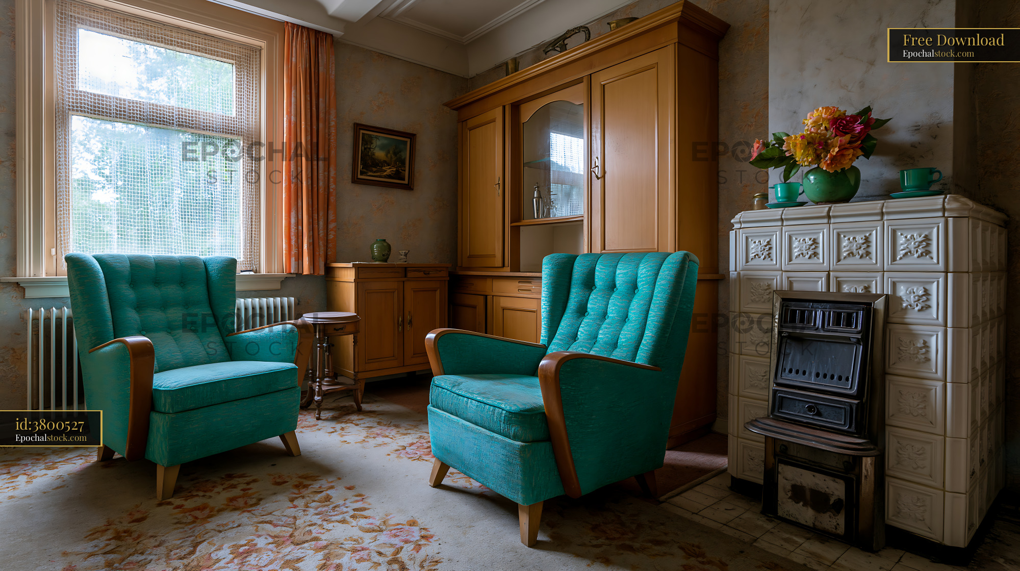 Watermarked full-resolution preview of Seating area with vintage chairs and wooden furniture in a room