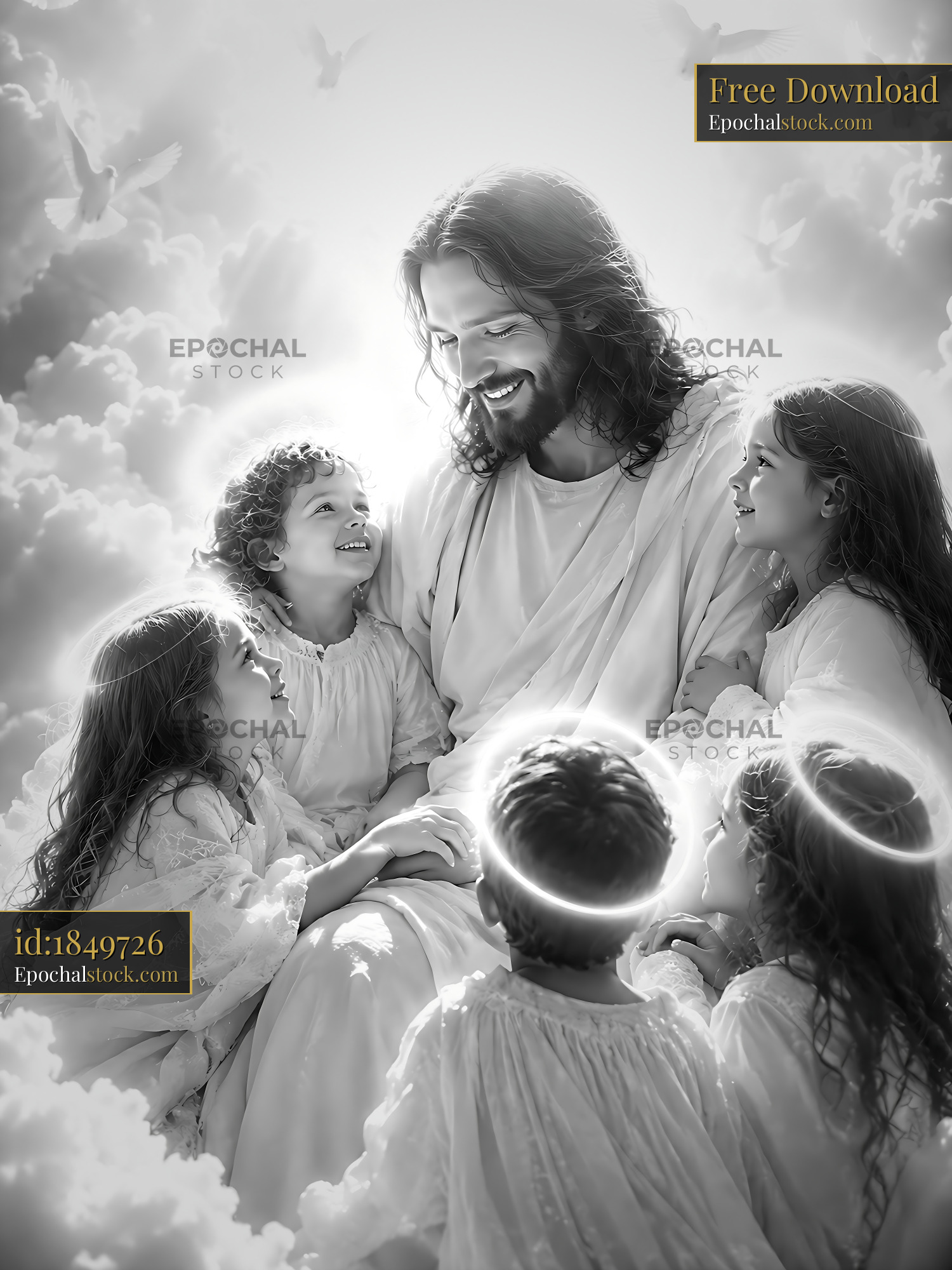 Watermarked full-resolution preview of Jesus surrounded by children in a bright heavenly setting