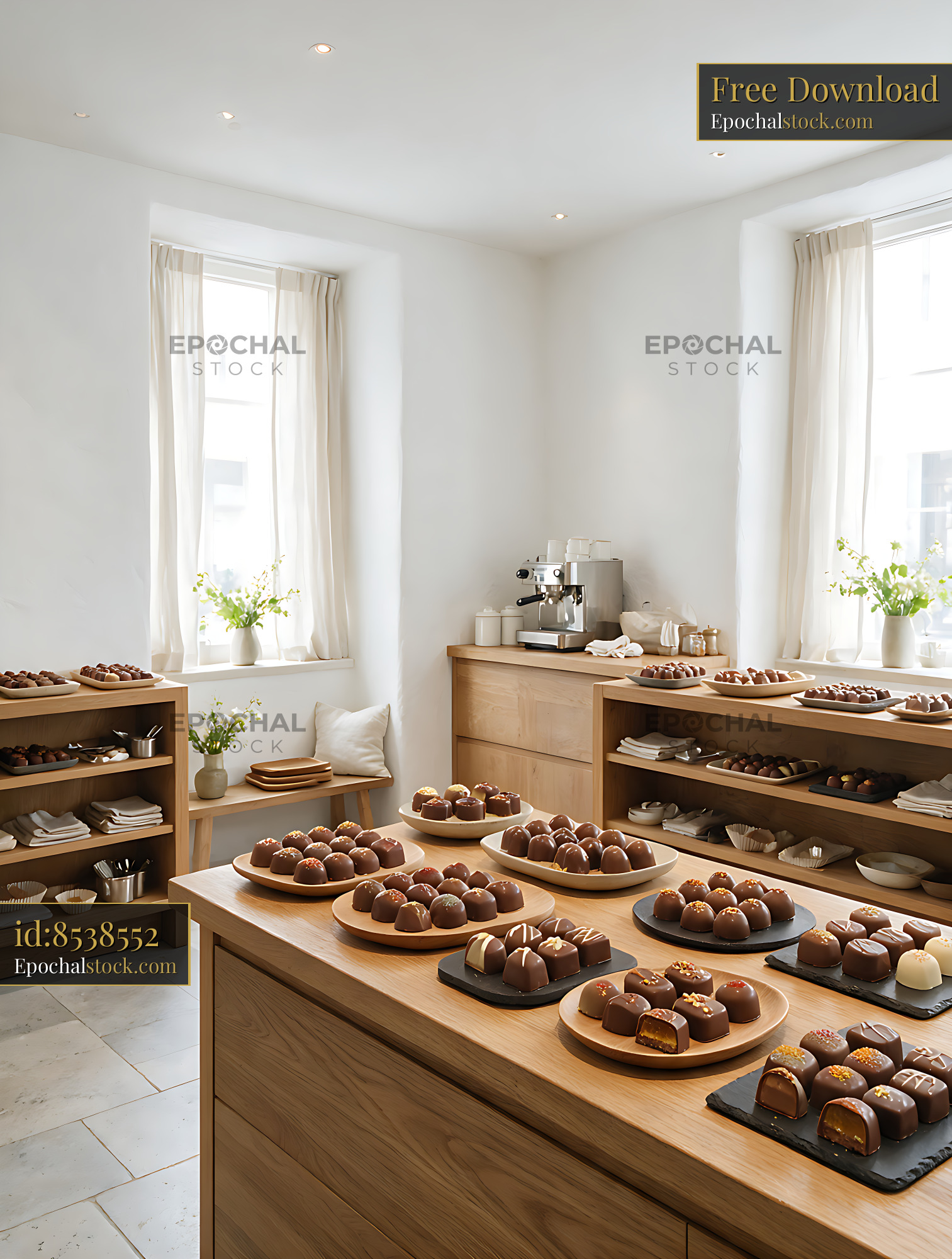 Watermarked full-resolution preview of Bright chocolate shop interior with pralines and wooden displays