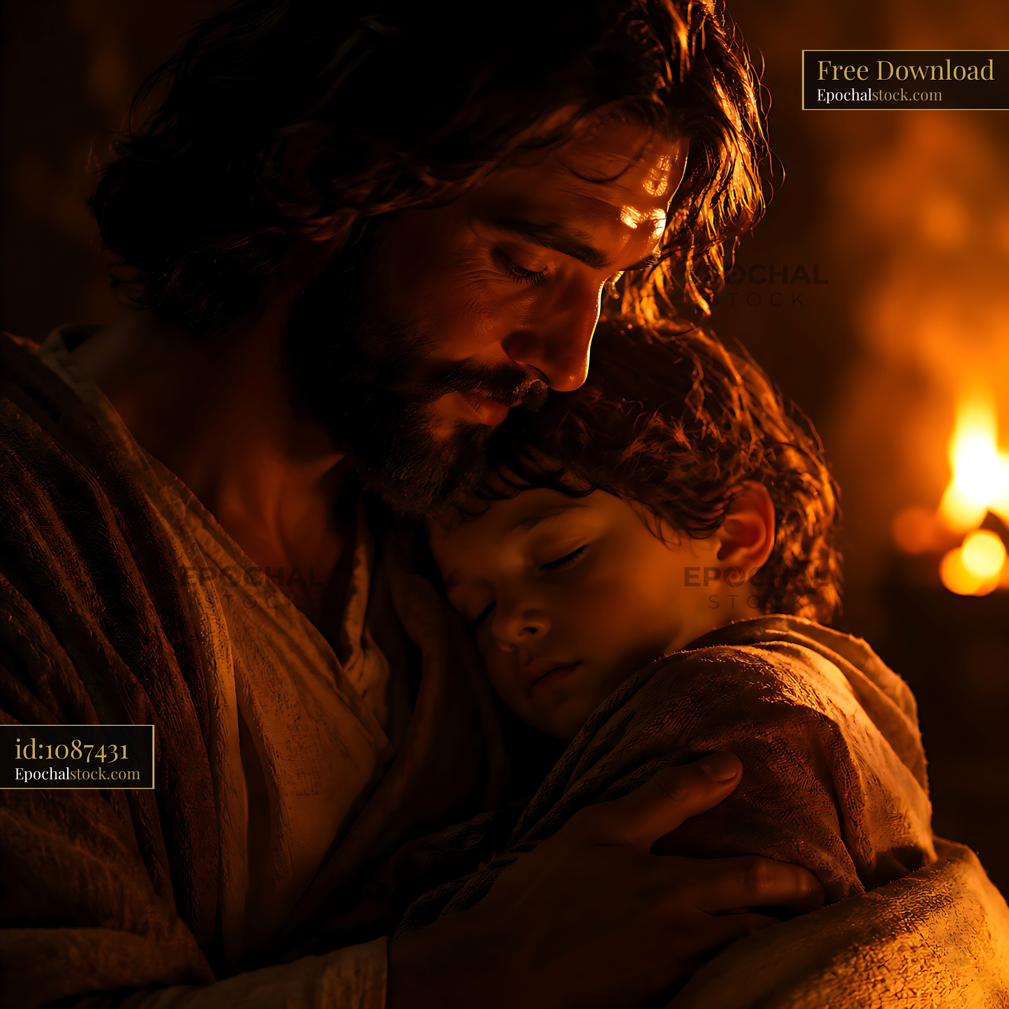 Father Holding Son in Warm Light at Home During Evening Time - stock photo