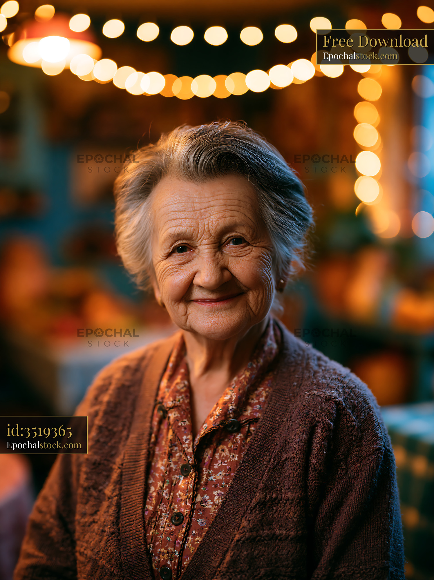 Watermarked full-resolution preview of Elderly woman smiling in a cozy, warmly lit setting