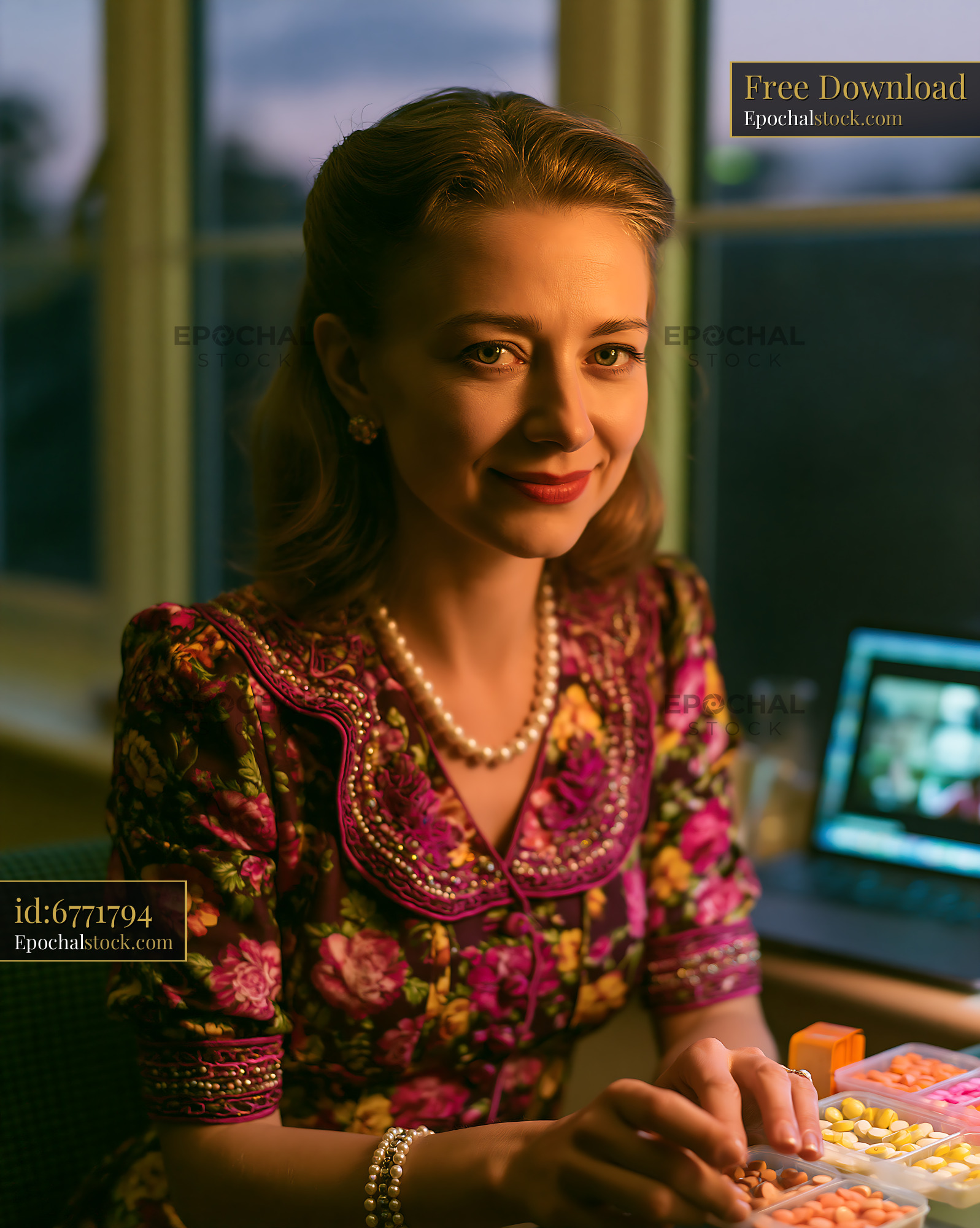 Watermarked full-resolution preview of Woman working at a computer in vintage clothing during evening