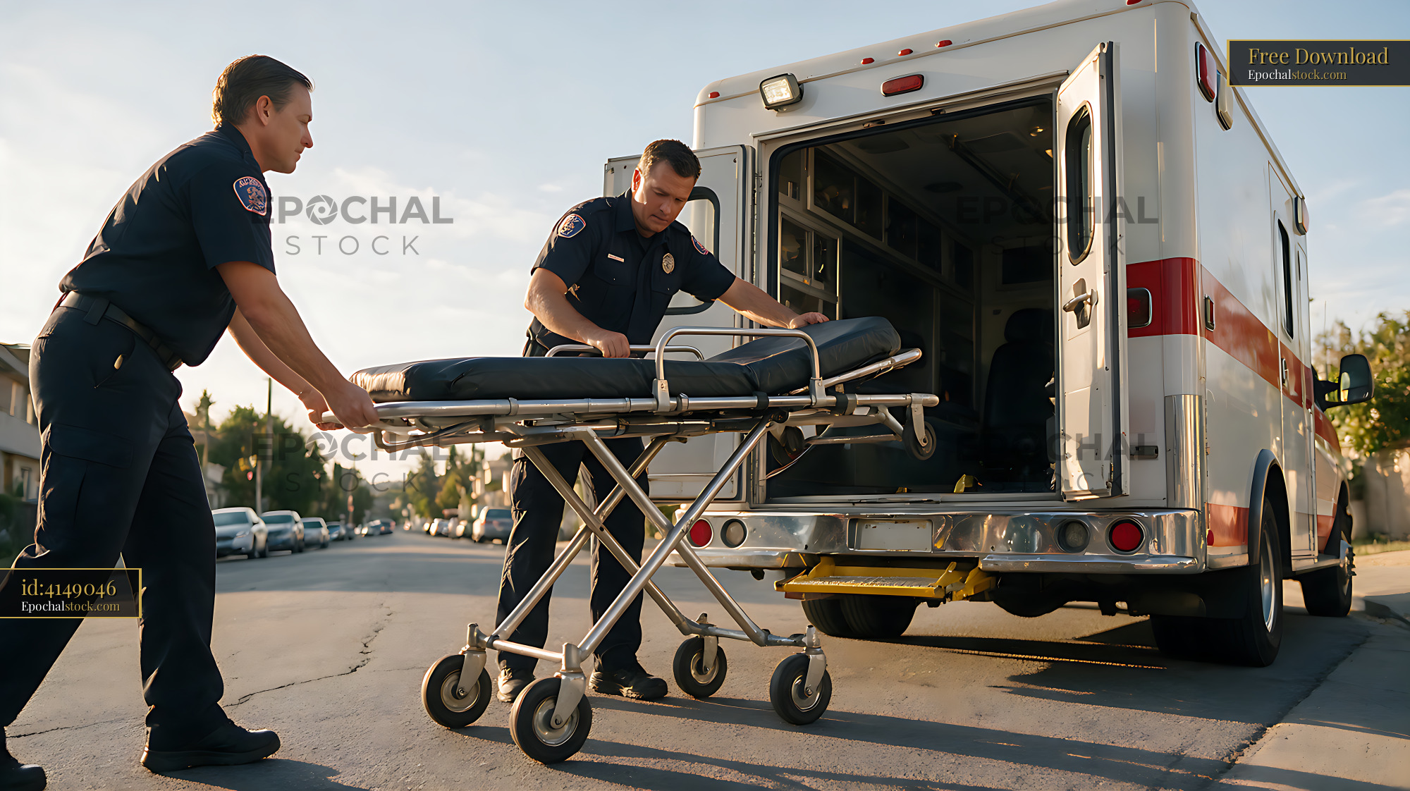 Watermarked full-resolution preview of Emergency responders load stretcher into ambulance