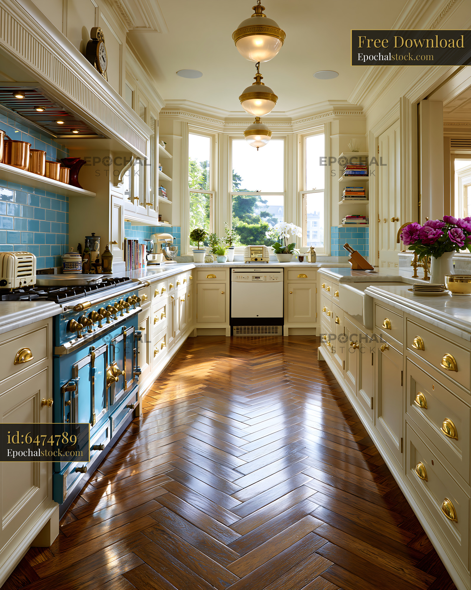 Watermarked full-resolution preview of Bright kitchen interior with large windows and wooden flooring