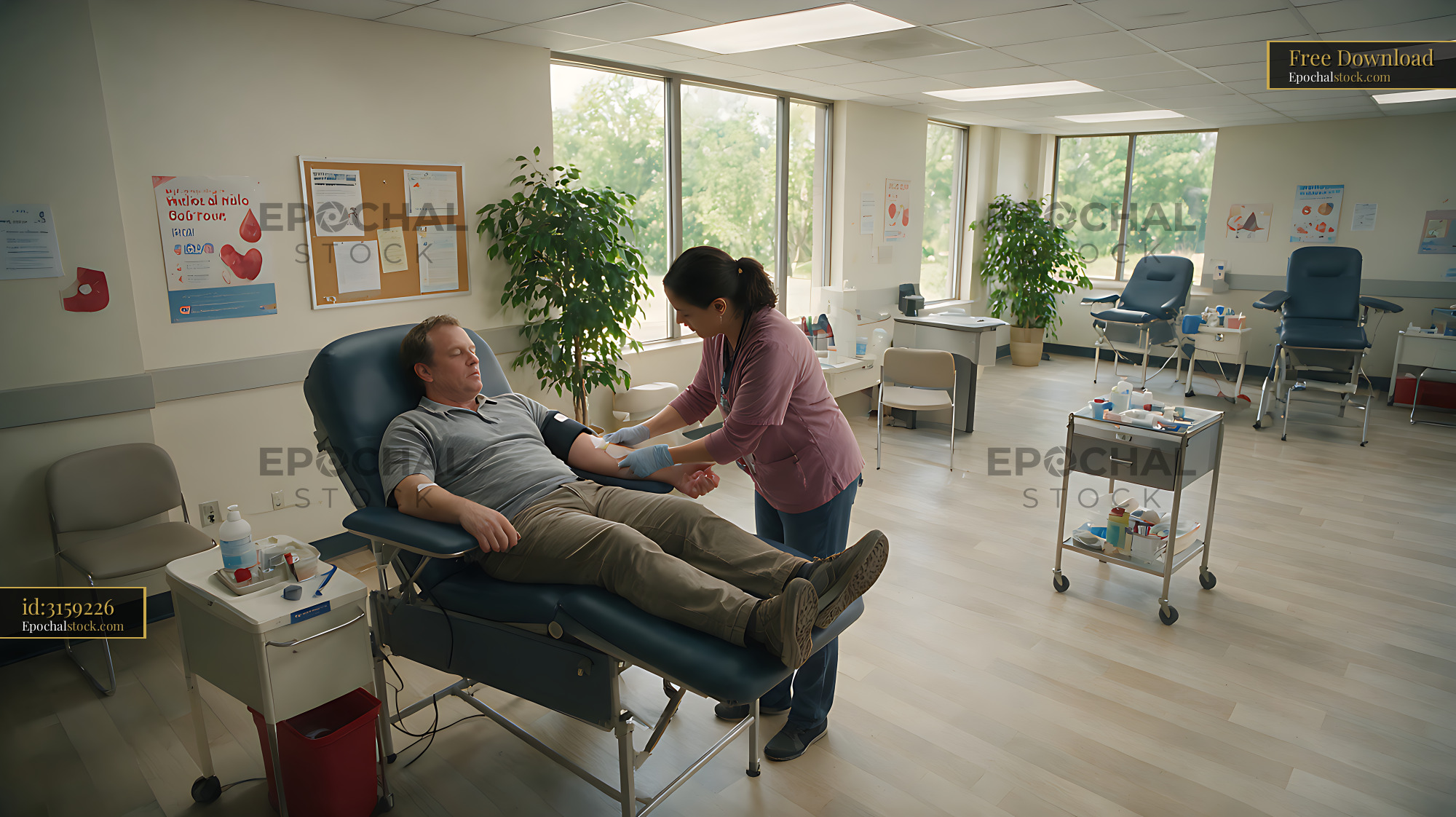 Watermarked full-resolution preview of Donor reclining during blood donation at clinic