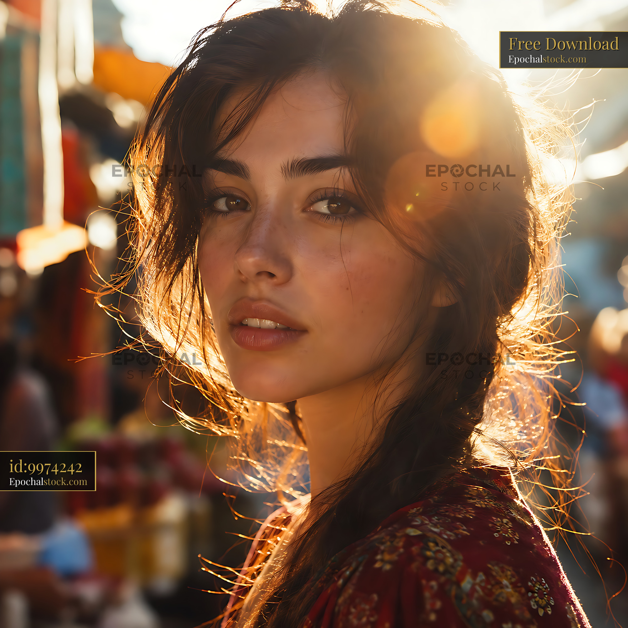 Watermarked full-resolution preview of Woman with long hair in market at sunset