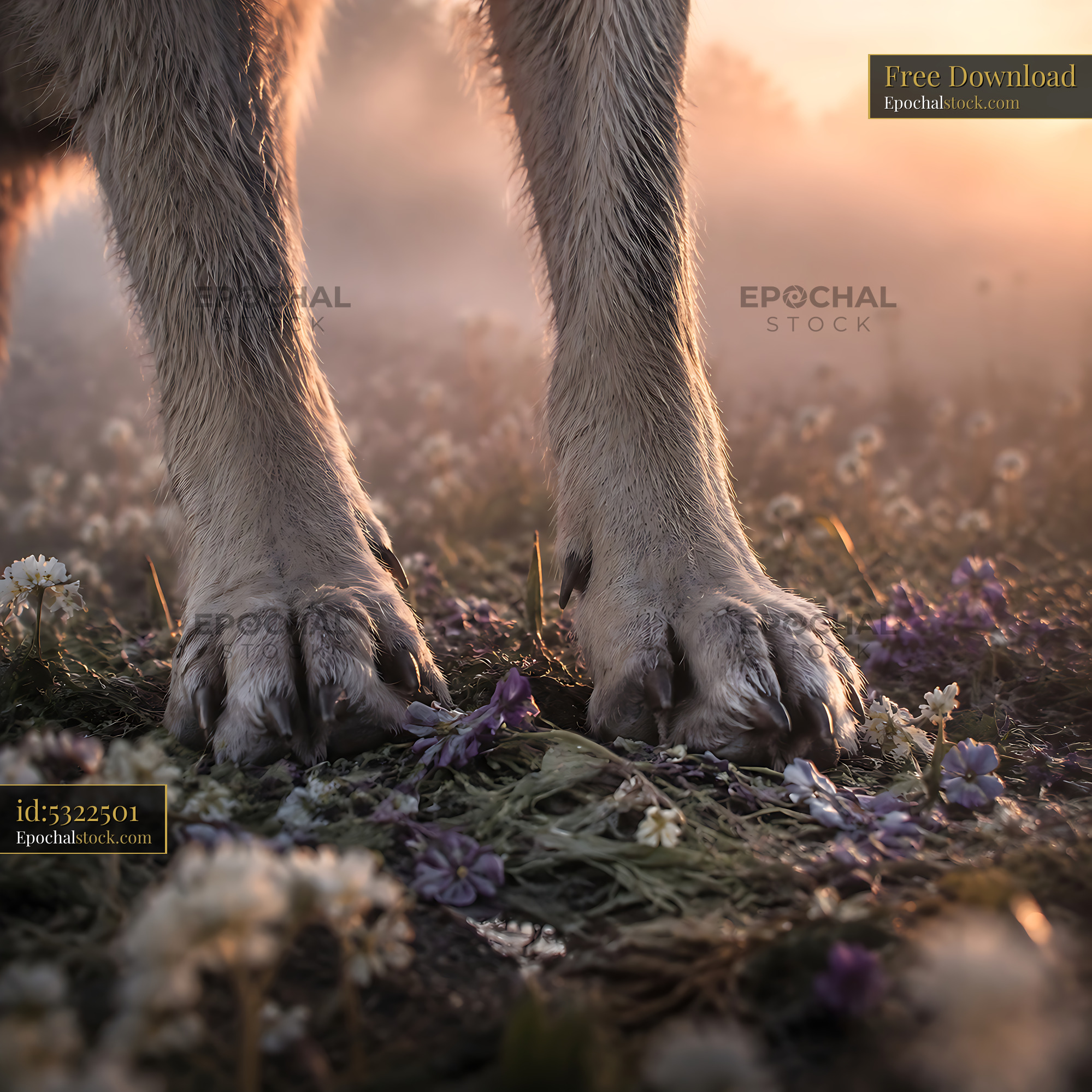 Dog Paws Standing on Flowers in a Field During Sunset - stock photo