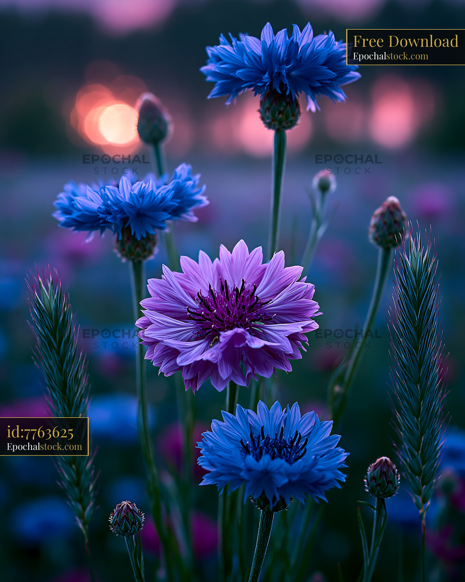 Watermarked full-resolution preview of Flowers in a field with sunset background
