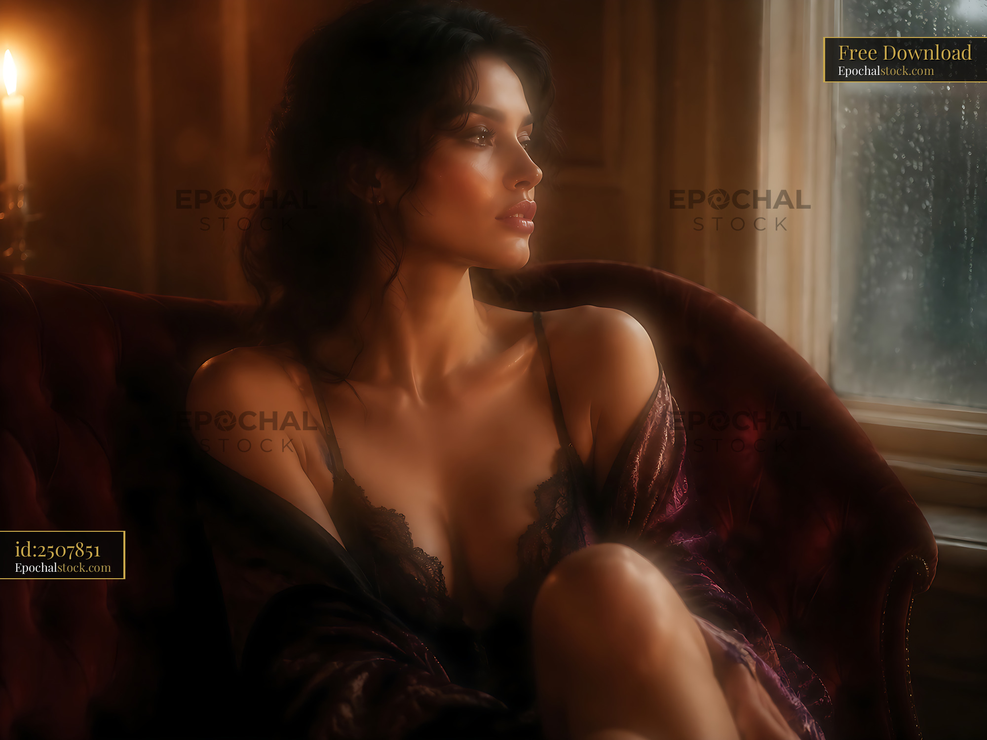 Watermarked full-resolution preview of Woman sitting on a couch in a dimly lit room with rain outside