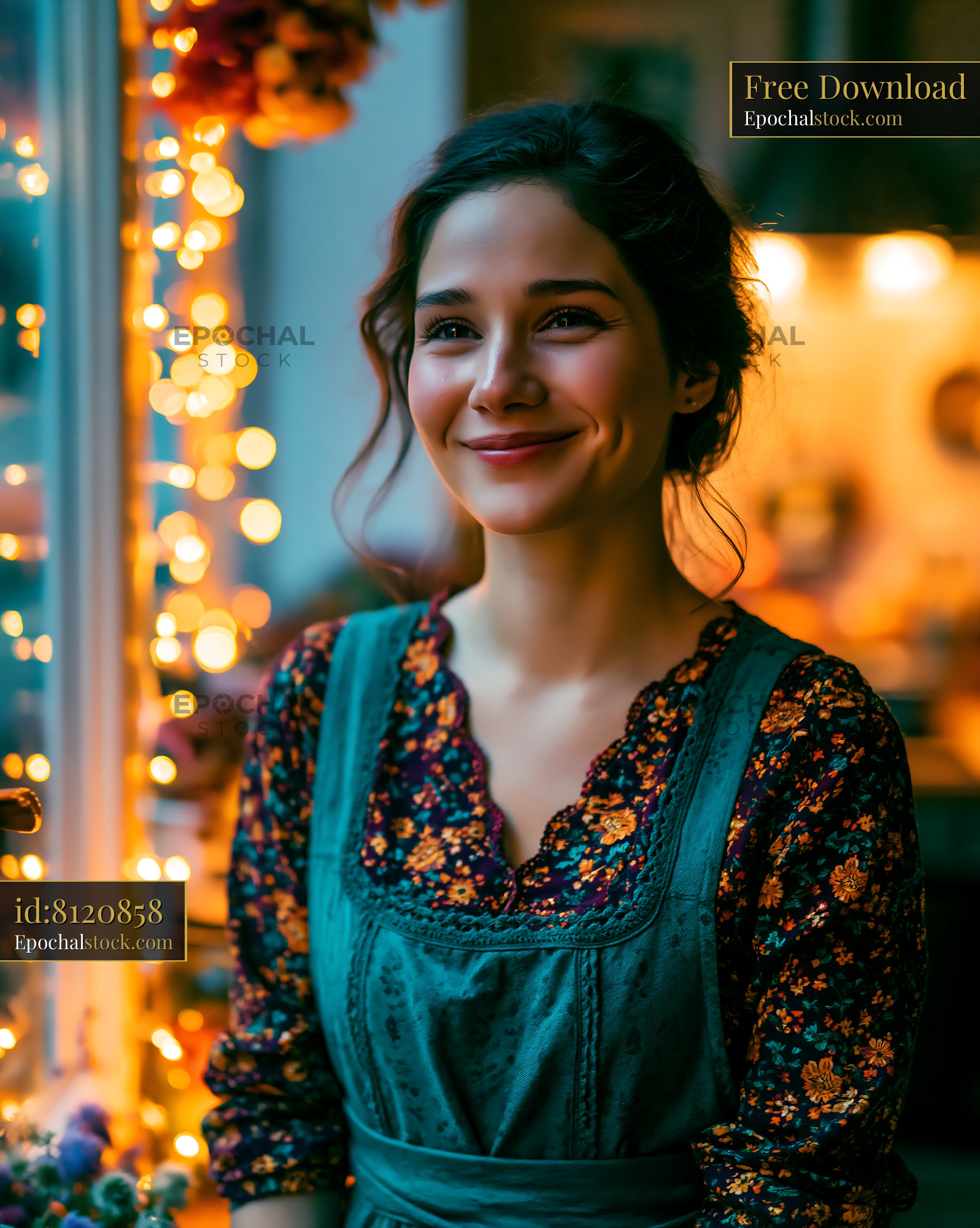 Woman Smiles While Standing Near Window With Warm Lights - stock photo