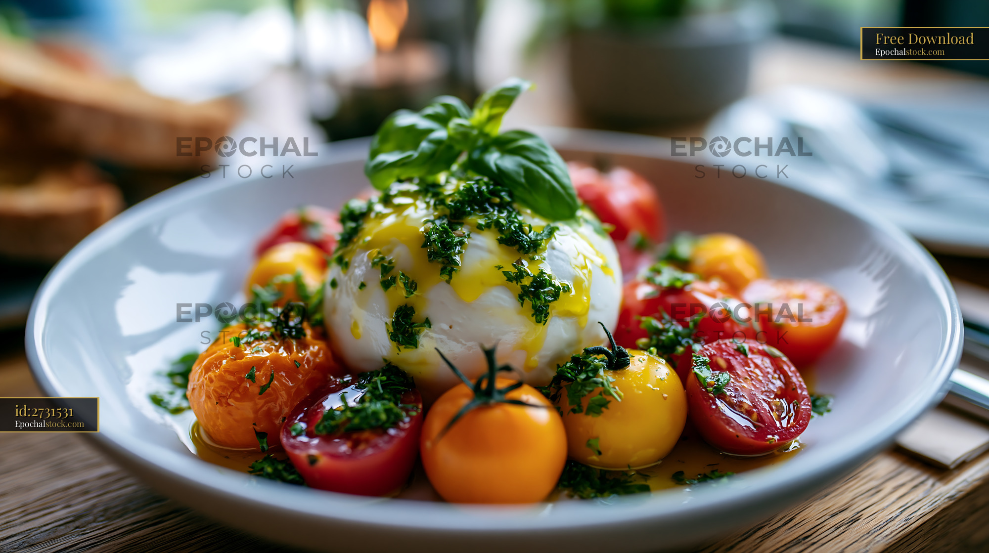 Watermarked full-resolution preview of Fresh salad with burrata cheese and colorful tomatoes