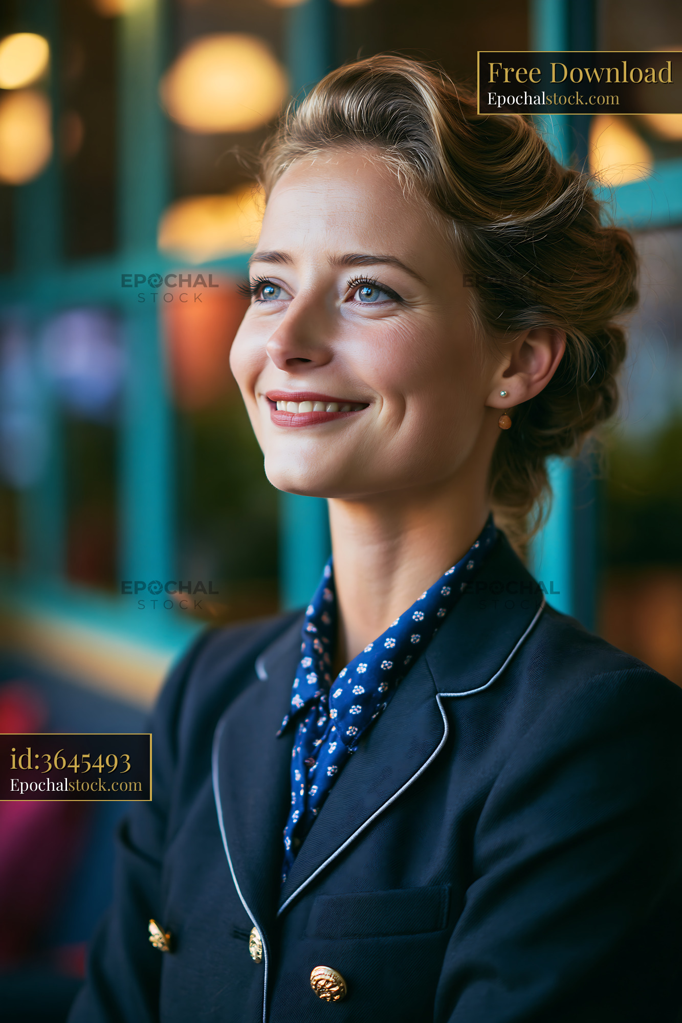Watermarked full-resolution preview of Woman smiling in a cafe setting with colorful background