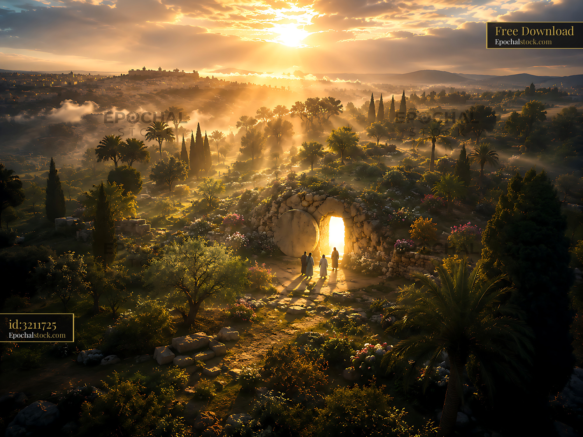Watermarked full-resolution preview of Sunrise over garden with three figures near stone tomb