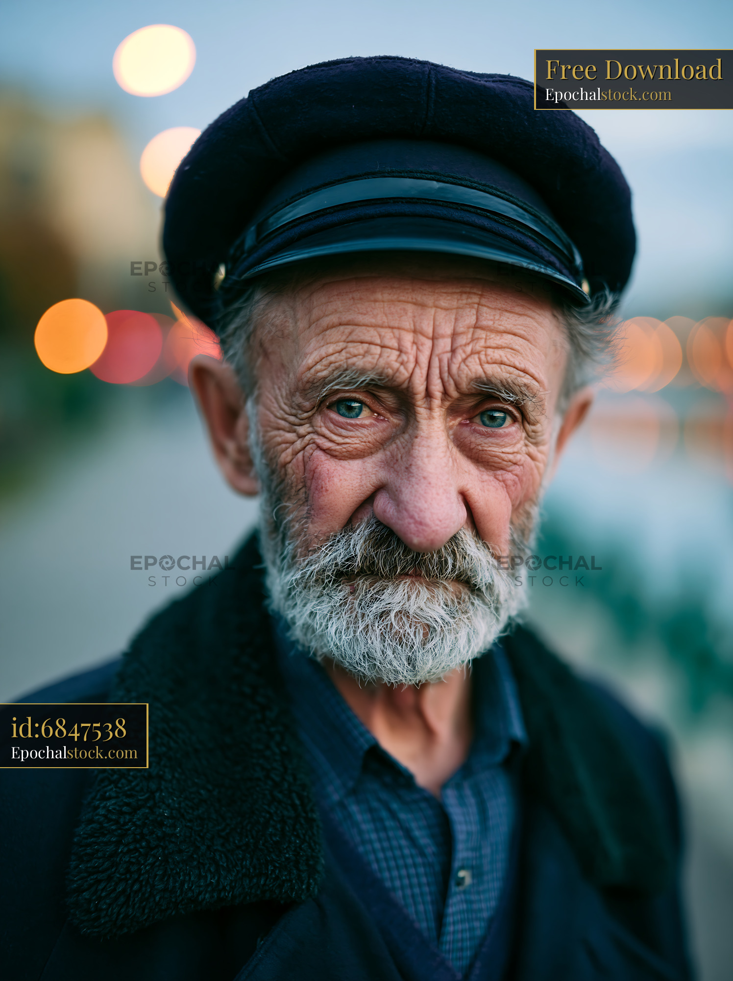 Watermarked full-resolution preview of Elderly man with a beard and cap standing near waterfront