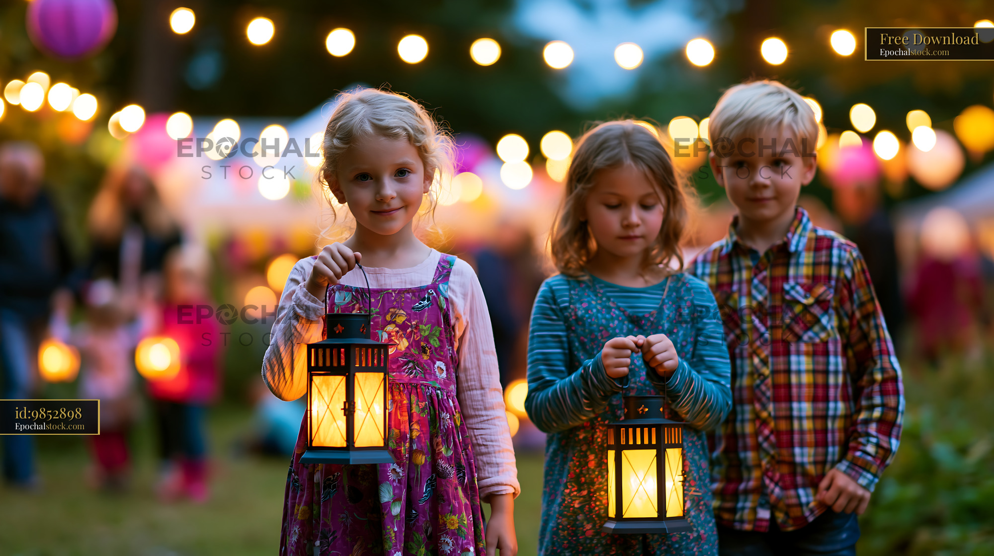 Watermarked full-resolution preview of Children holding lanterns at a festive evening event