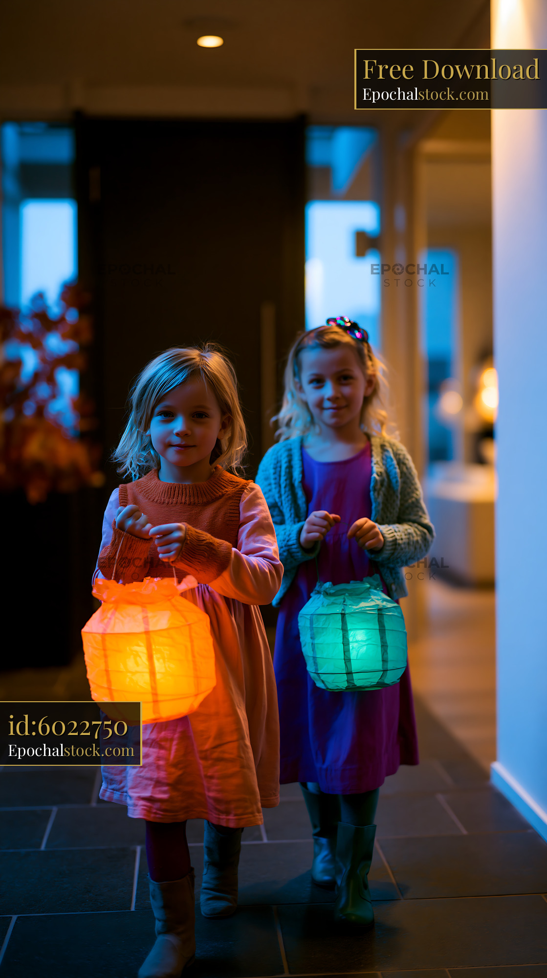 Watermarked full-resolution preview of Children walking indoors at dusk holding glowing lanterns