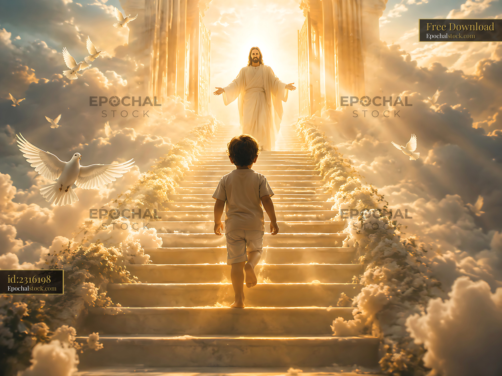Child Walks Towards Figure in Robes on Steps of Light - stock photo