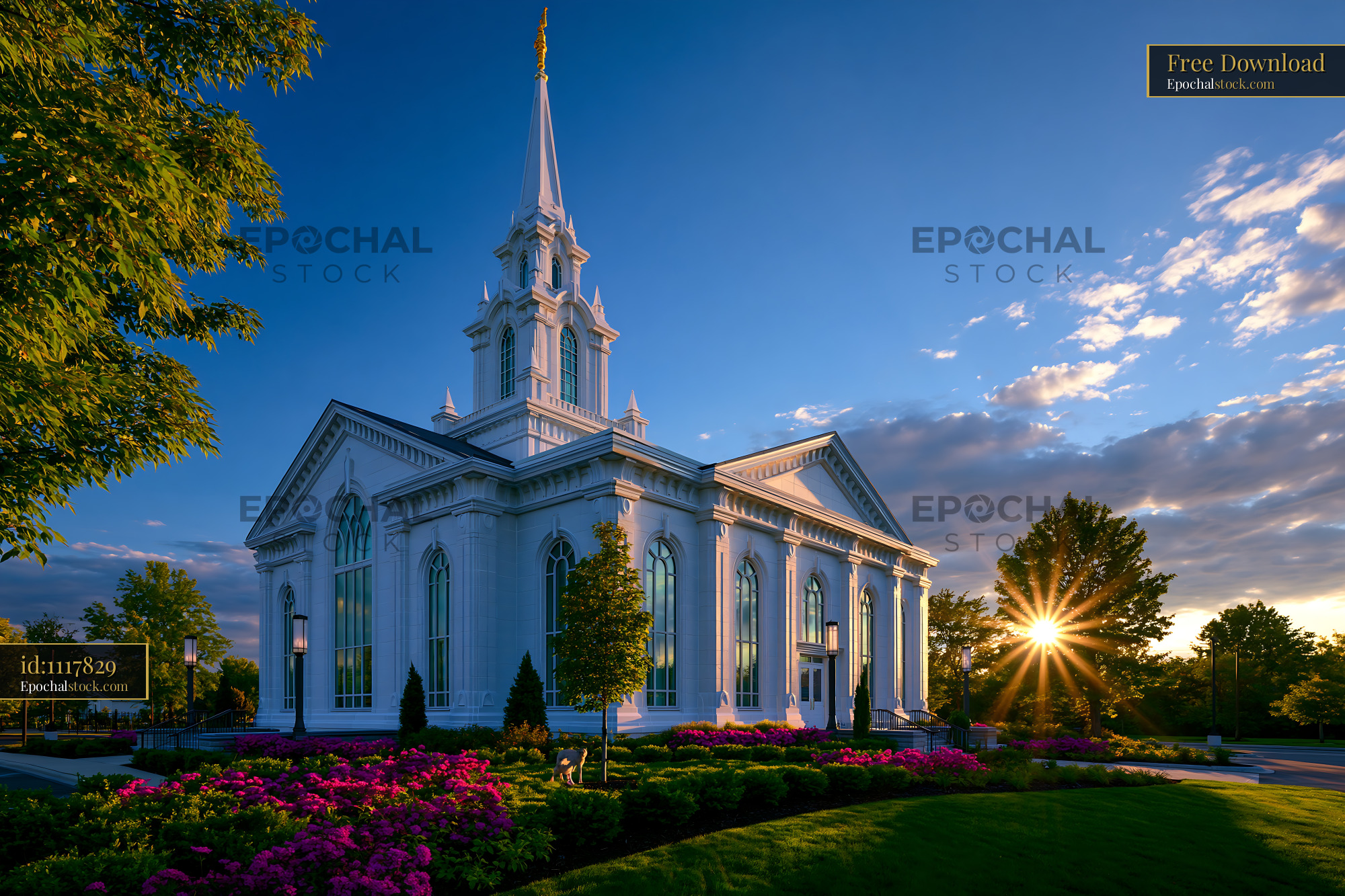 Watermarked full-resolution preview of Church building at sunset with flowers in foreground