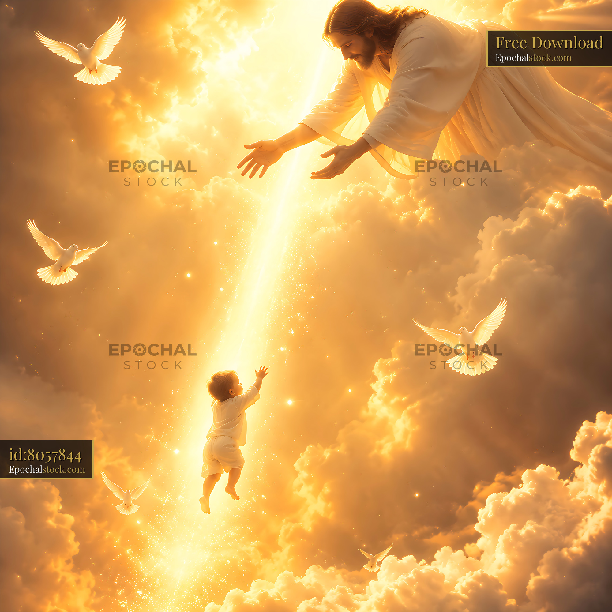 Watermarked full-resolution preview of Jesus reaches out to a child in a golden cloud setting