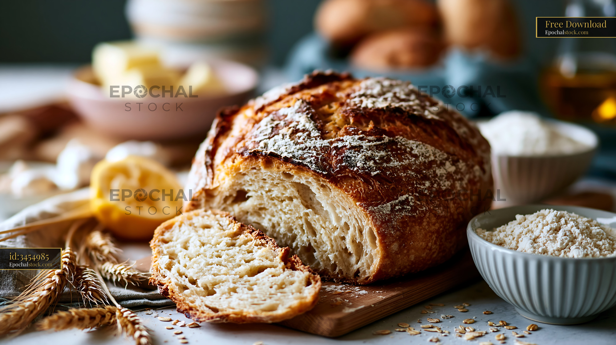 Watermarked full-resolution preview of Freshly baked bread on a wooden board with ingredients nearby