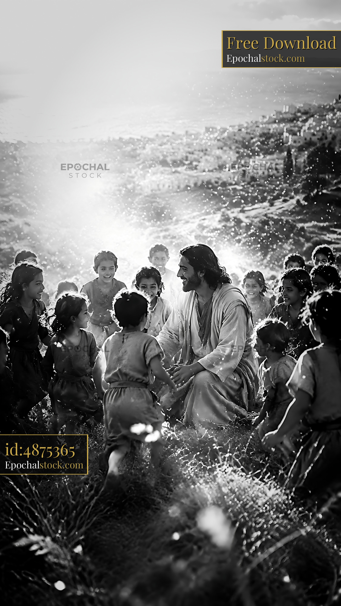 Watermarked full-resolution preview of Group of children playing in a field with a man in white garments