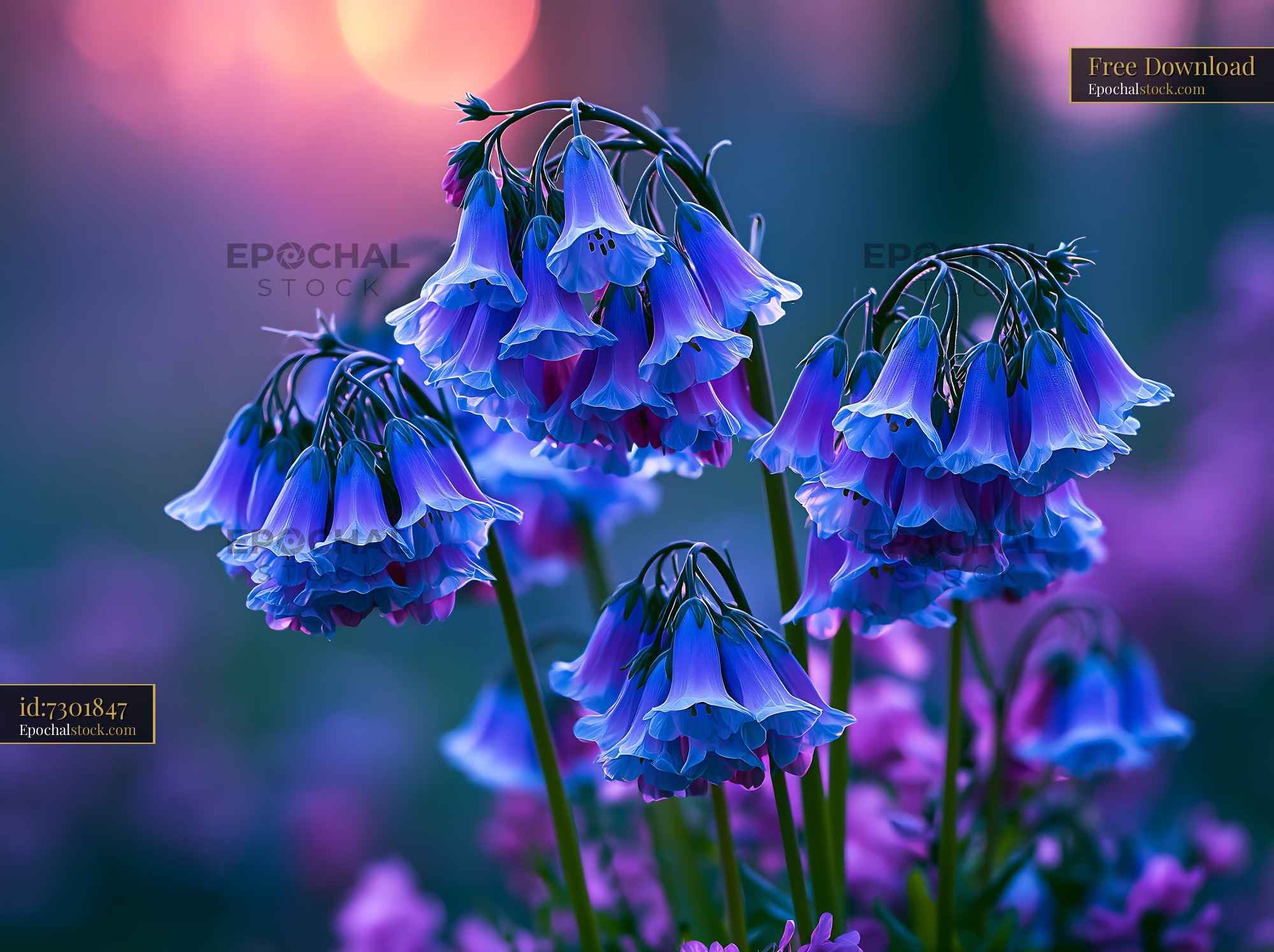 Bluebell Flowers Bloom in Vibrant Colors During Sunset Hours - stock photo