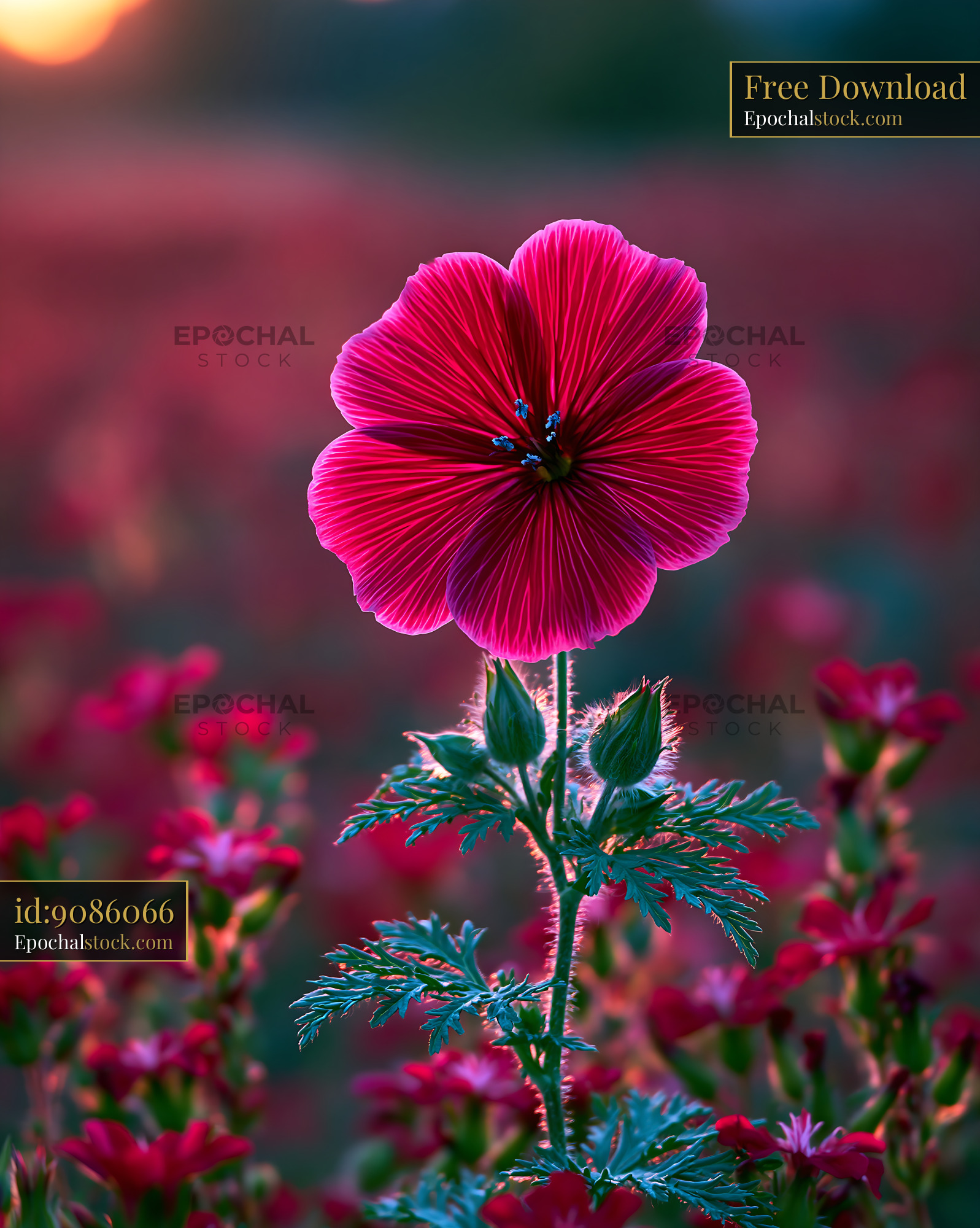 Watermarked full-resolution preview of Bright pink flower stands tall in a blooming field at sunset