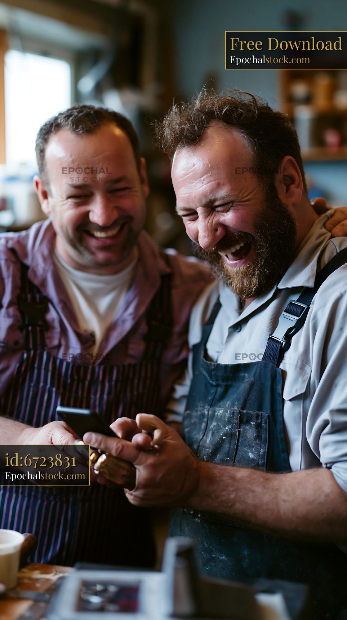 Craftsmen Sharing a Joyful Moment in a Workshop Setting - stock photo
