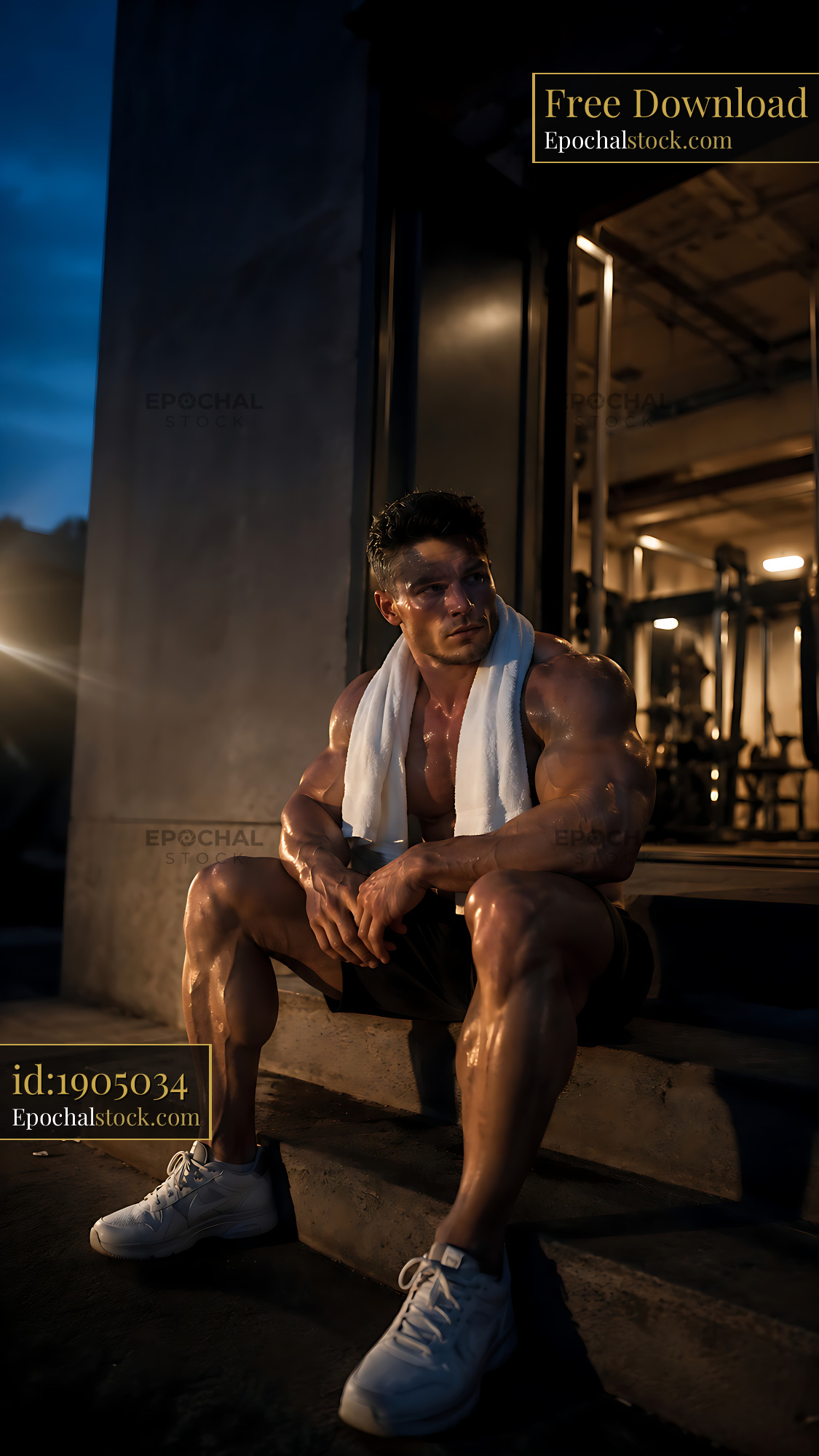 Watermarked full-resolution preview of Person resting outside gym after workout in evening light