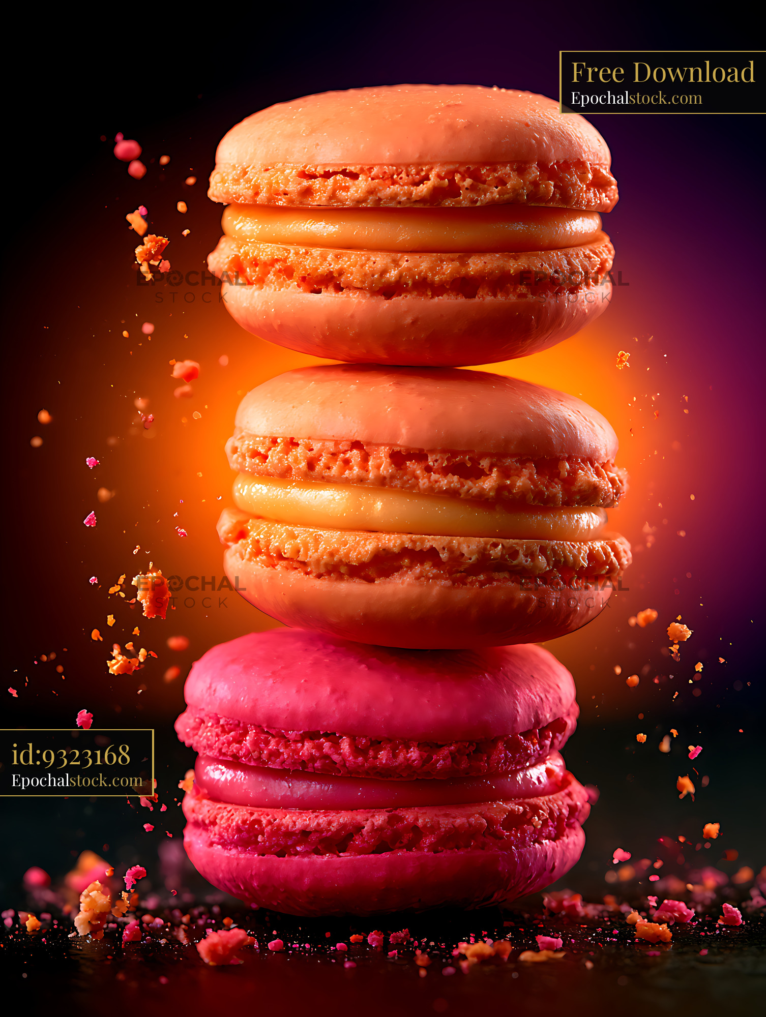 Watermarked full-resolution preview of Colorful macarons stacked with crumbs