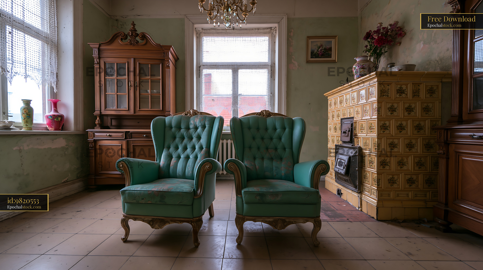 Watermarked full-resolution preview of Vintage armchairs in an old interior room with wooden furniture