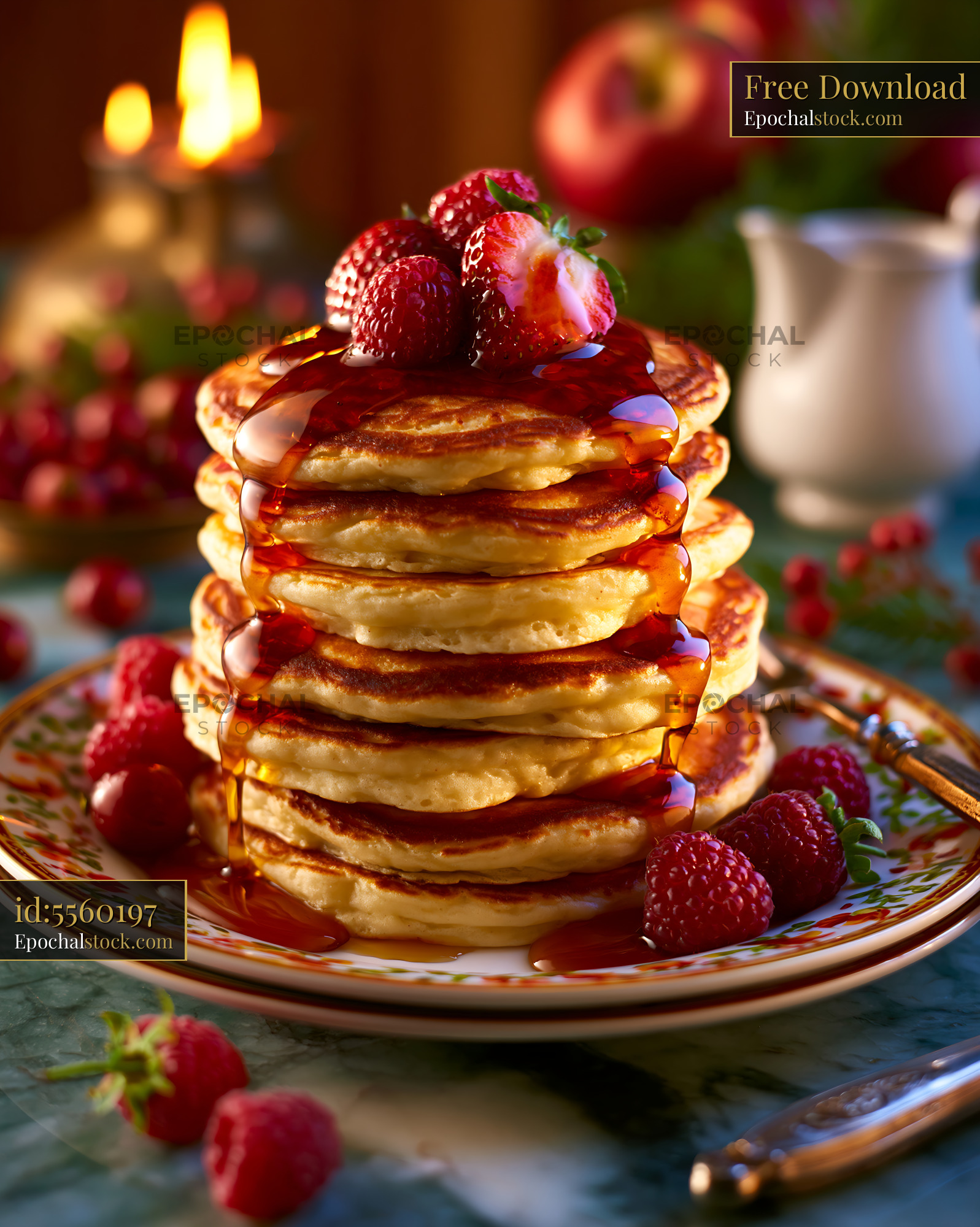 Watermarked full-resolution preview of Stack of pancakes with berries and syrup on a plate