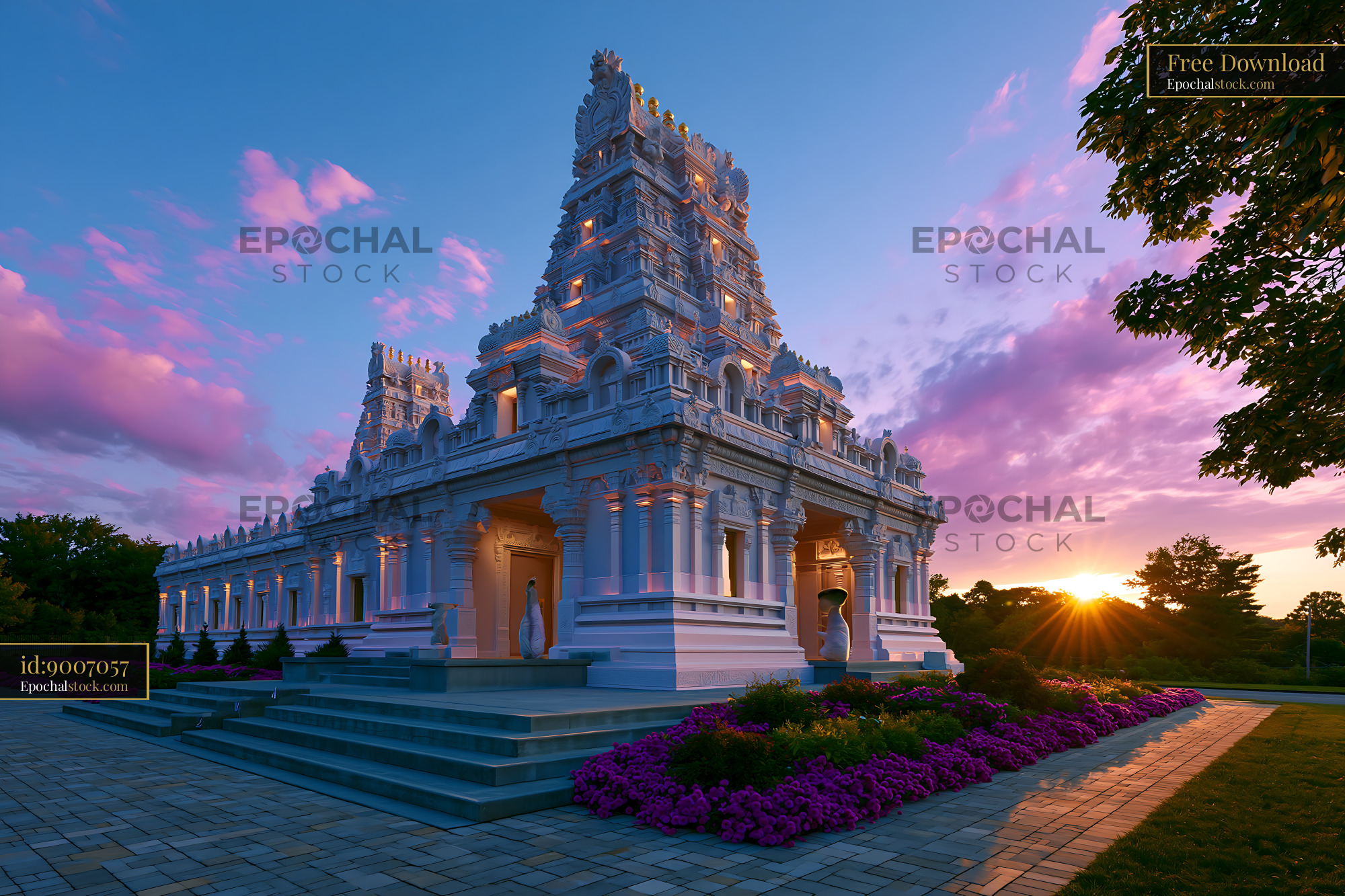 Watermarked full-resolution preview of Beautiful temple at sunset with colorful sky and flowers