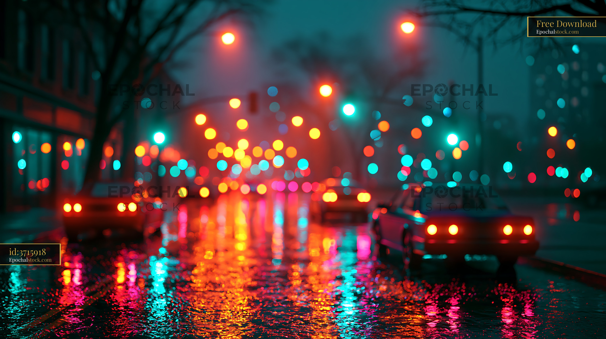 Watermarked full-resolution preview of Rainy night street with colorful lights and reflections
