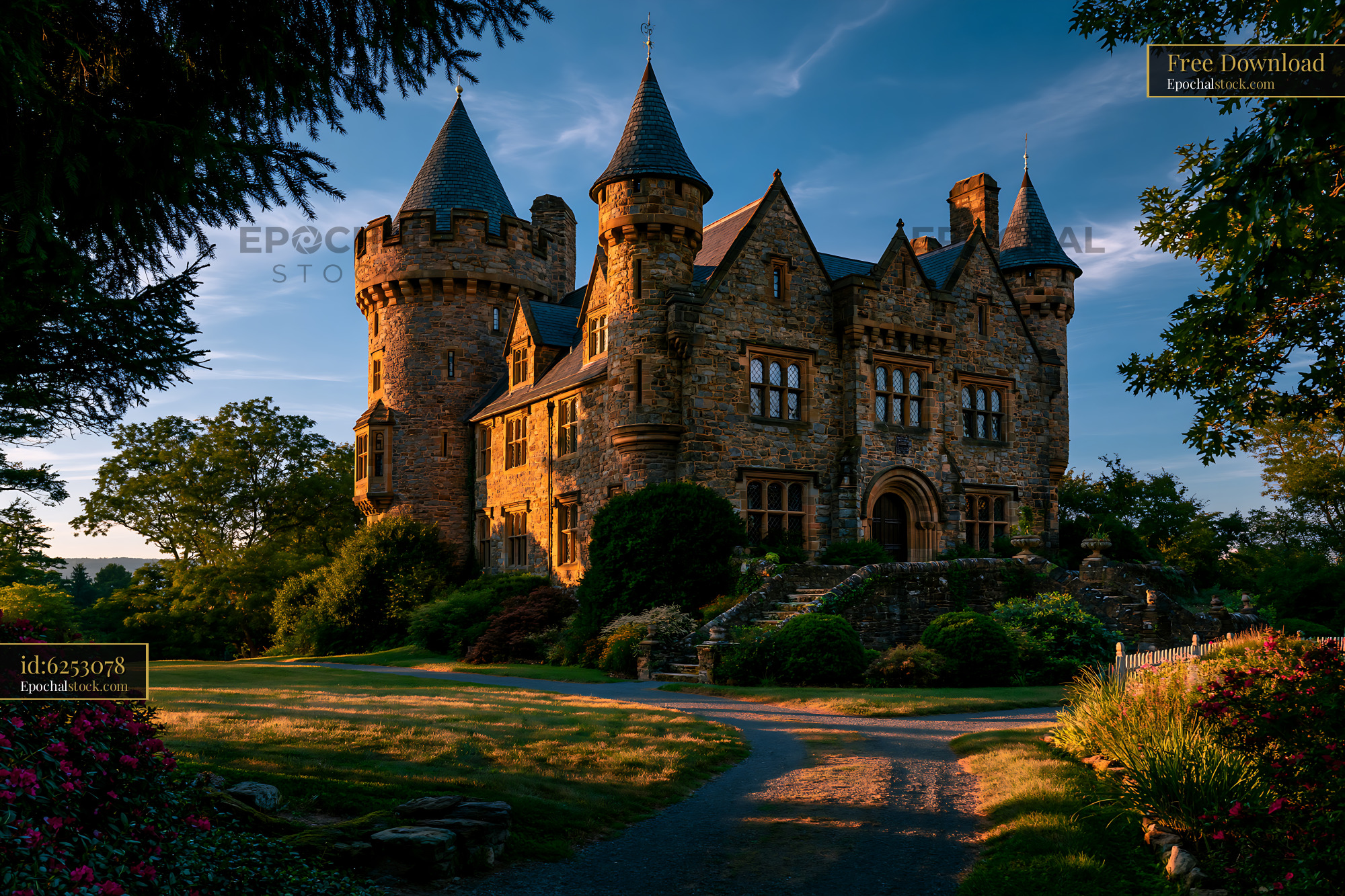 Watermarked full-resolution preview of Historic stone castle with turrets at sunset