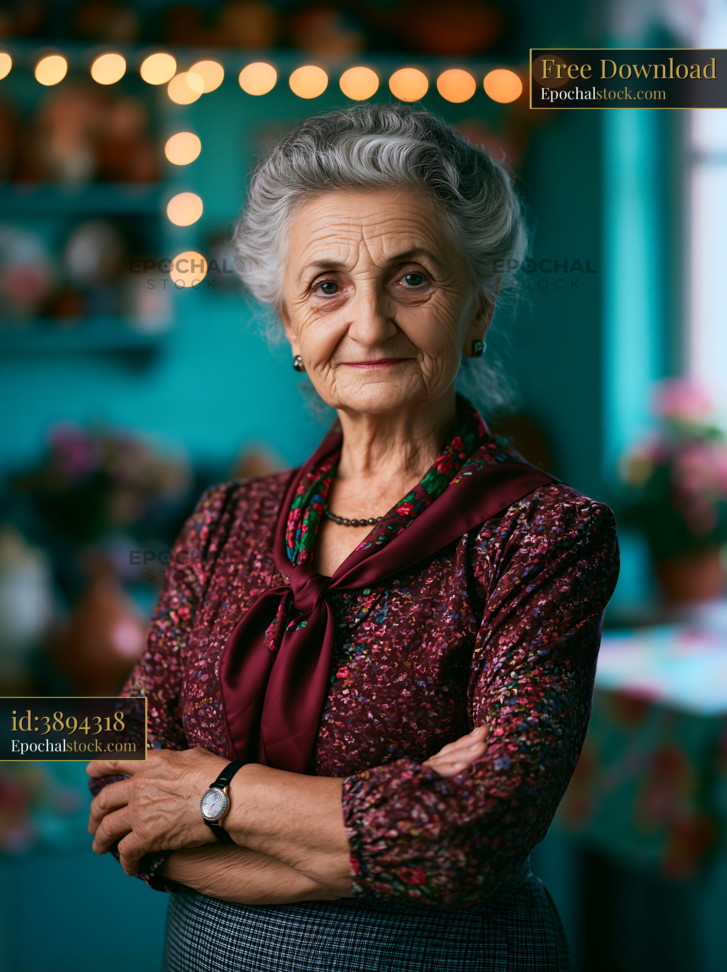 Watermarked full-resolution preview of Elderly woman in a bright room with flowers in the background