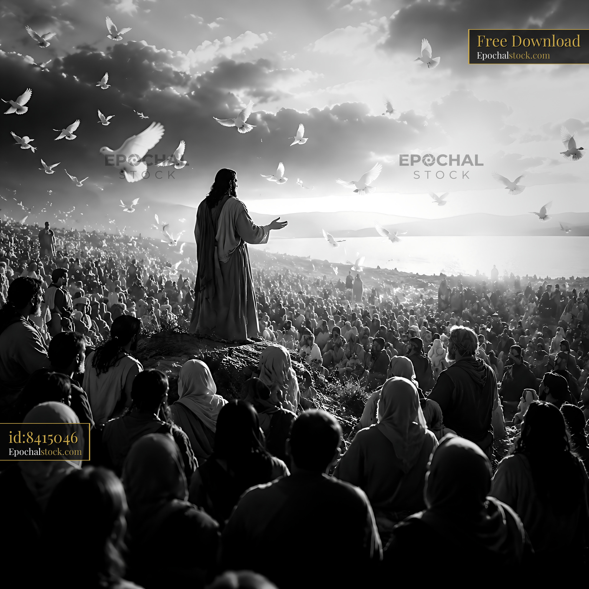 Watermarked full-resolution preview of Crowd listens to a figure speaking outdoors by the water