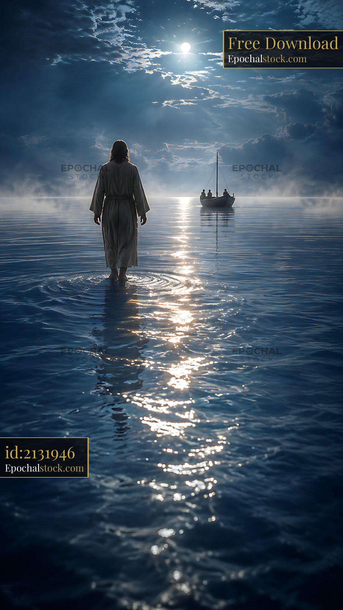 Watermarked full-resolution preview of Person walking on water at night near a boat