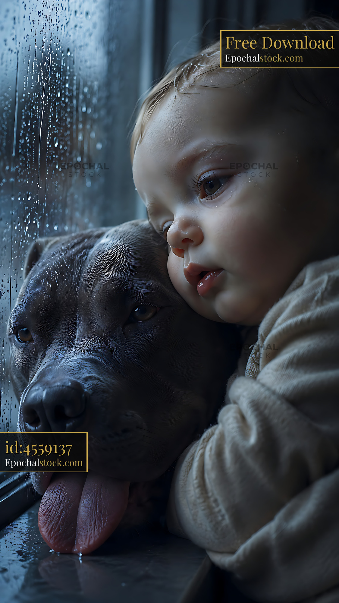 Watermarked full-resolution preview of Child and dog looking out the window on a rainy day