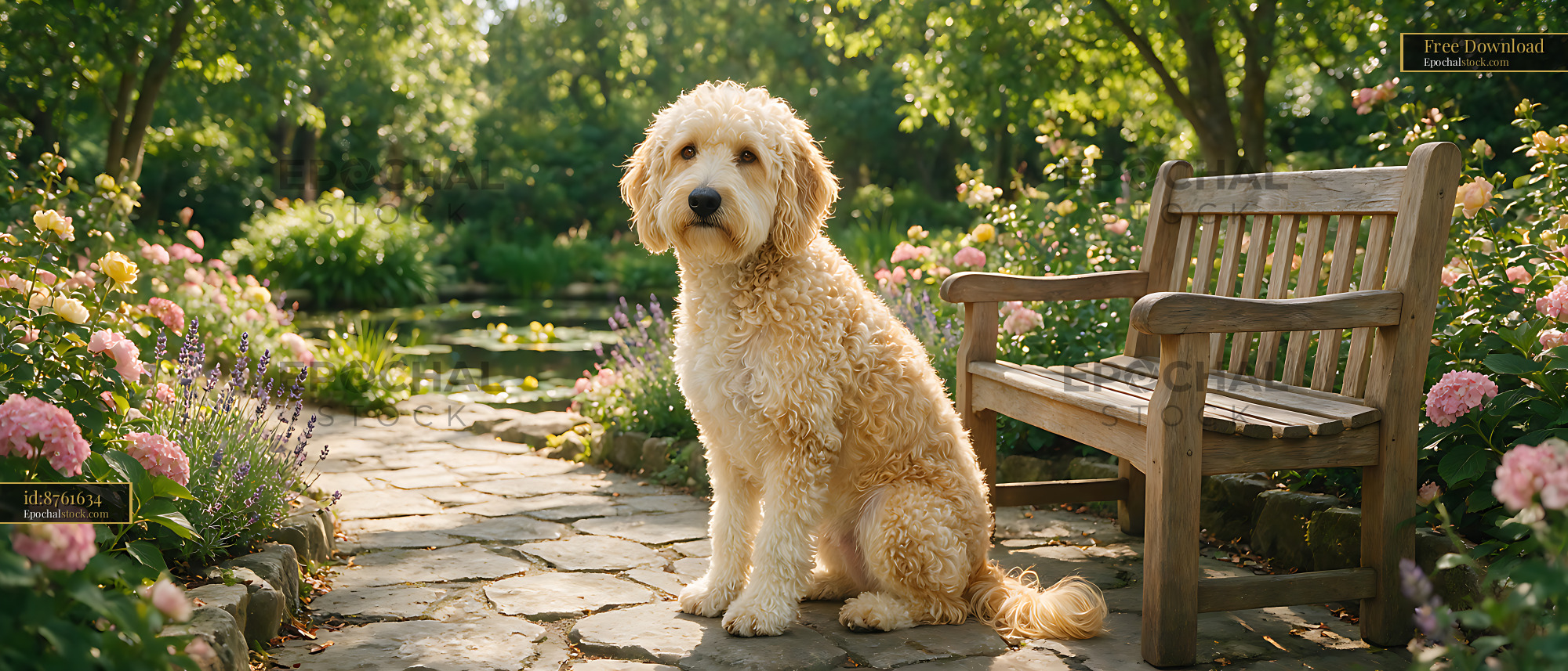 Watermarked full-resolution preview of Curly-coated dog resting on a garden path near a bench